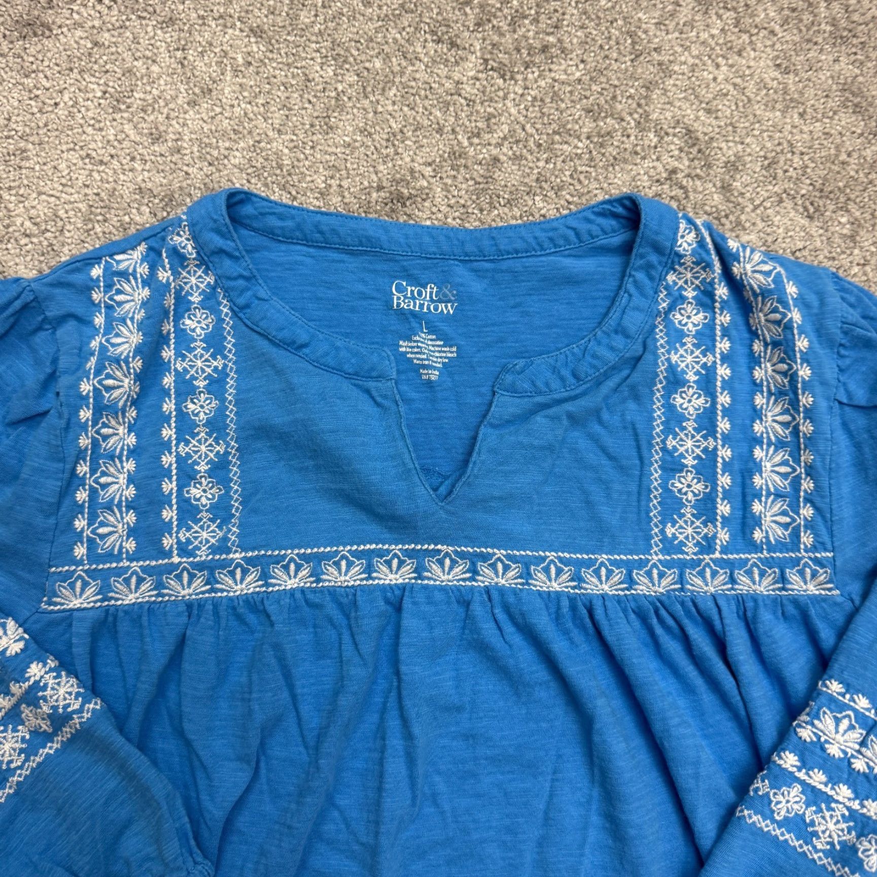 Croft & Barrow Croft & Barrow Blouse Women L Blue Long Sleeve Peasant Embroidered Knit Casual Bohemian Shirt Womens Size L / US 10 / IT 46 - 4 Thumbnail