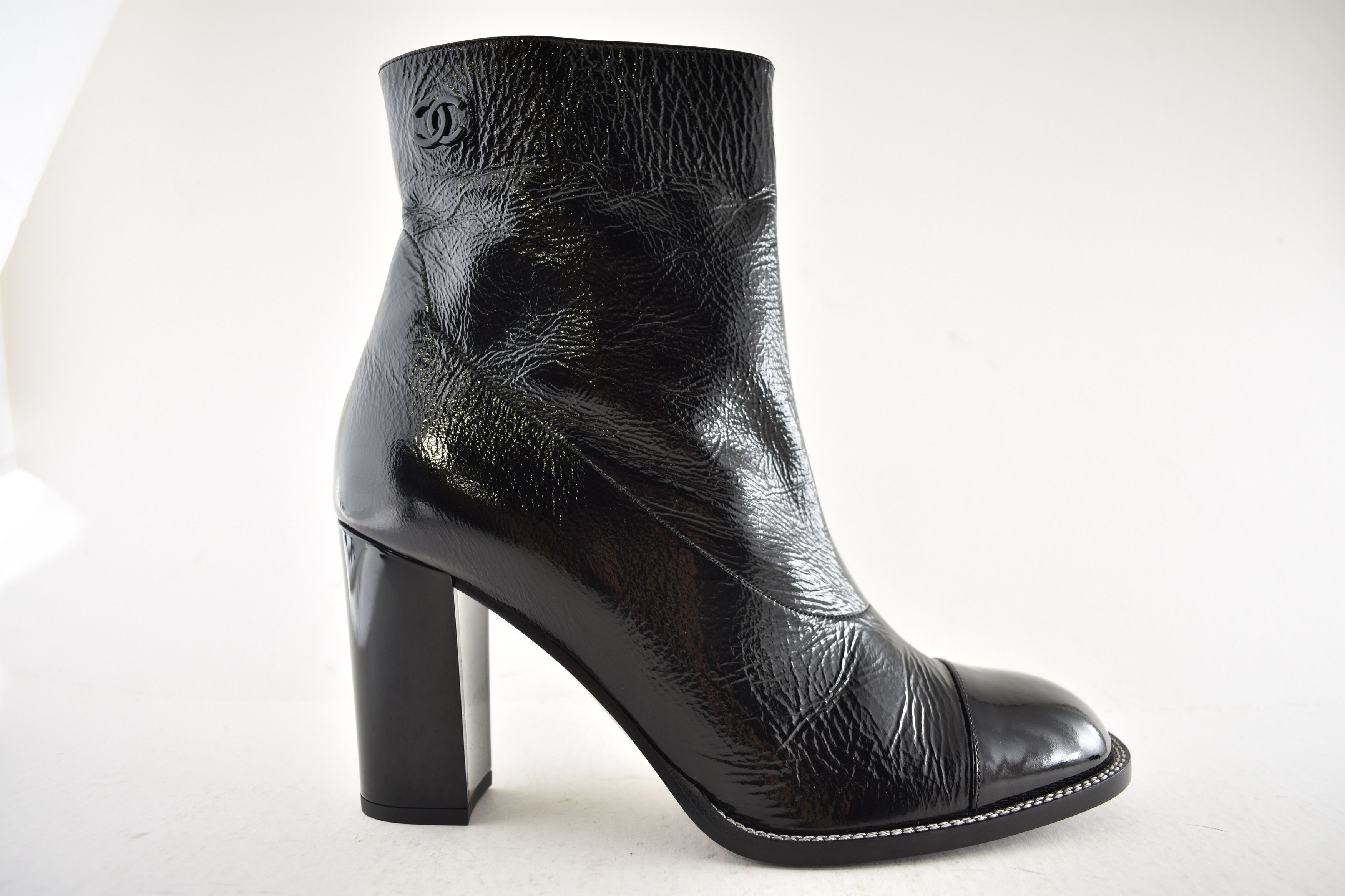 Chanel Chanel 24B Black Patent CC Short Ankle Block Heel Bootie 42 Size US 12 / IT 42 - 1 Thumbnail