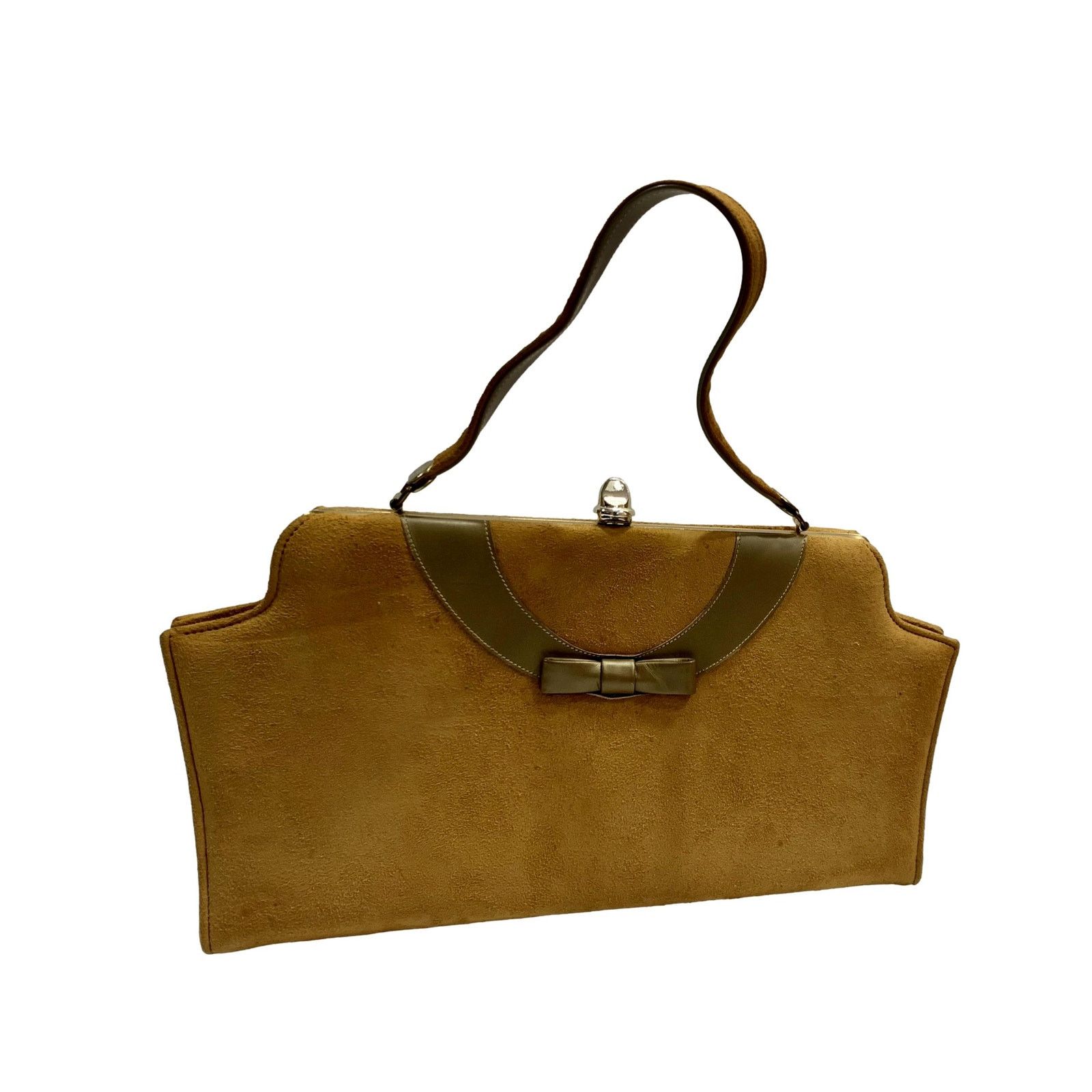 60S Mod Life Stride Caramel Kid Suede Top Handle Bag W Bow in Beige
