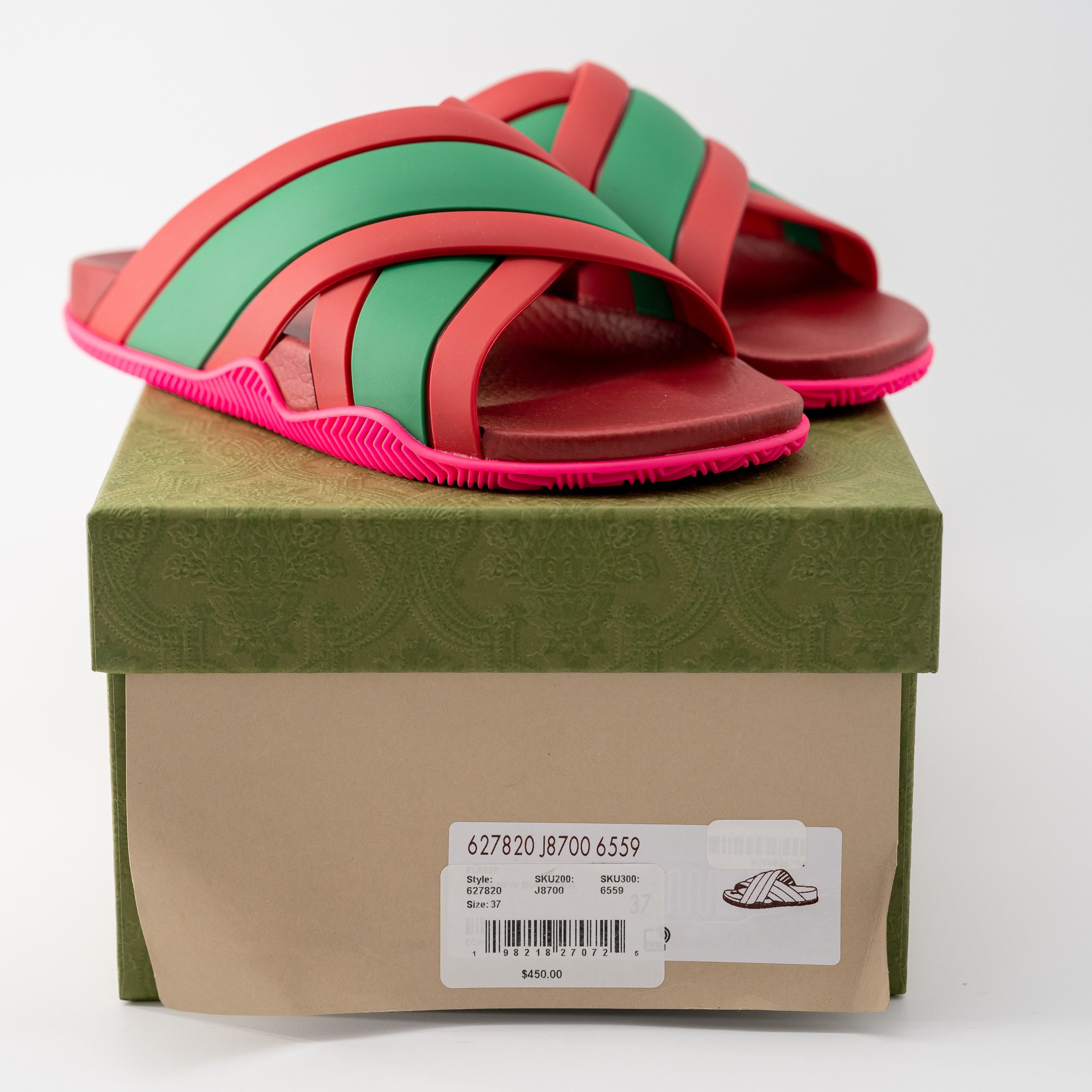 Gucci 37G - Gucci Slide Sandals Cross Striped Red Green Web Rubber Size US 7 / IT 37 - 9 Thumbnail