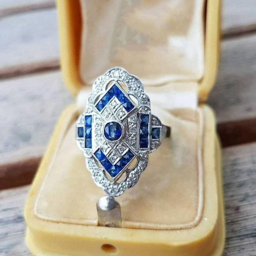 Designer Vintage Blue Sapphire European Silver Art Deco Ring - Size 7 Size ONE SIZE - 8 Thumbnail