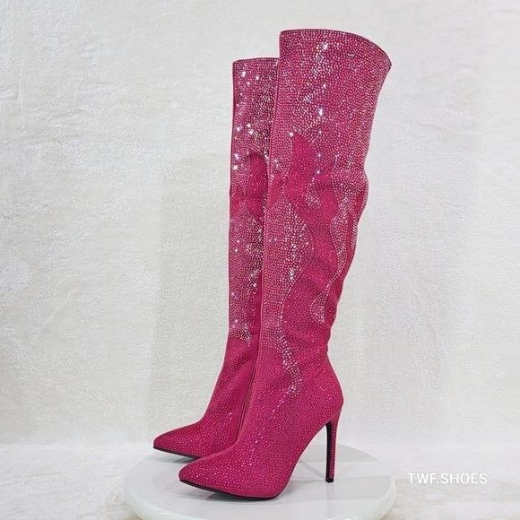 Other Like It Hot Fuchsia Rhinestone Flame Detail Sexy OTK High He Size US 7.5 / IT 37.5 - 6 Thumbnail