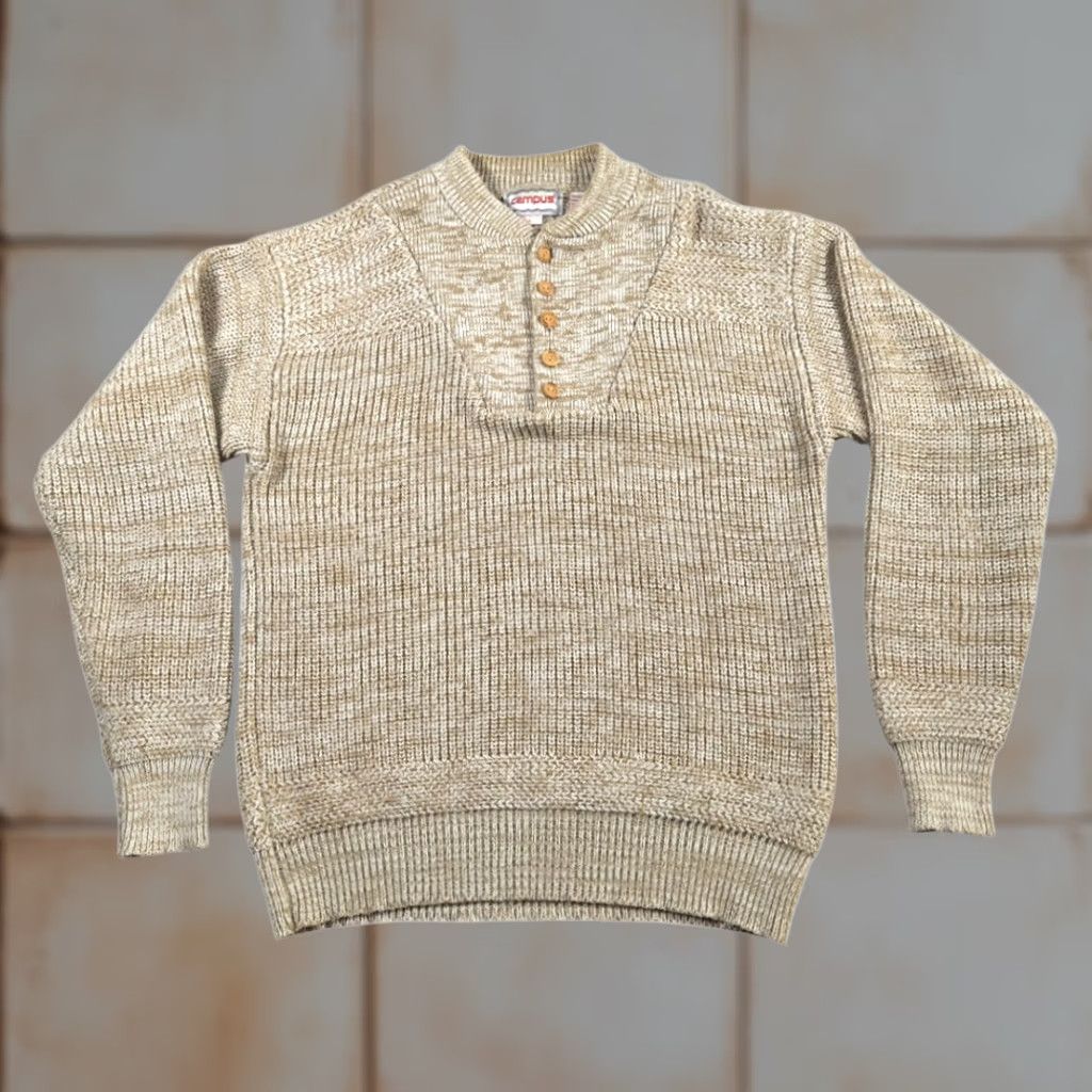 Vintage VINTAGE Campus Sweater Adult LARGE Brown Speckled Mock Neck Buttons 80s Military Knit Pullover Mens Size US L / EU 52-54 / 3 - 1 Thumbnail