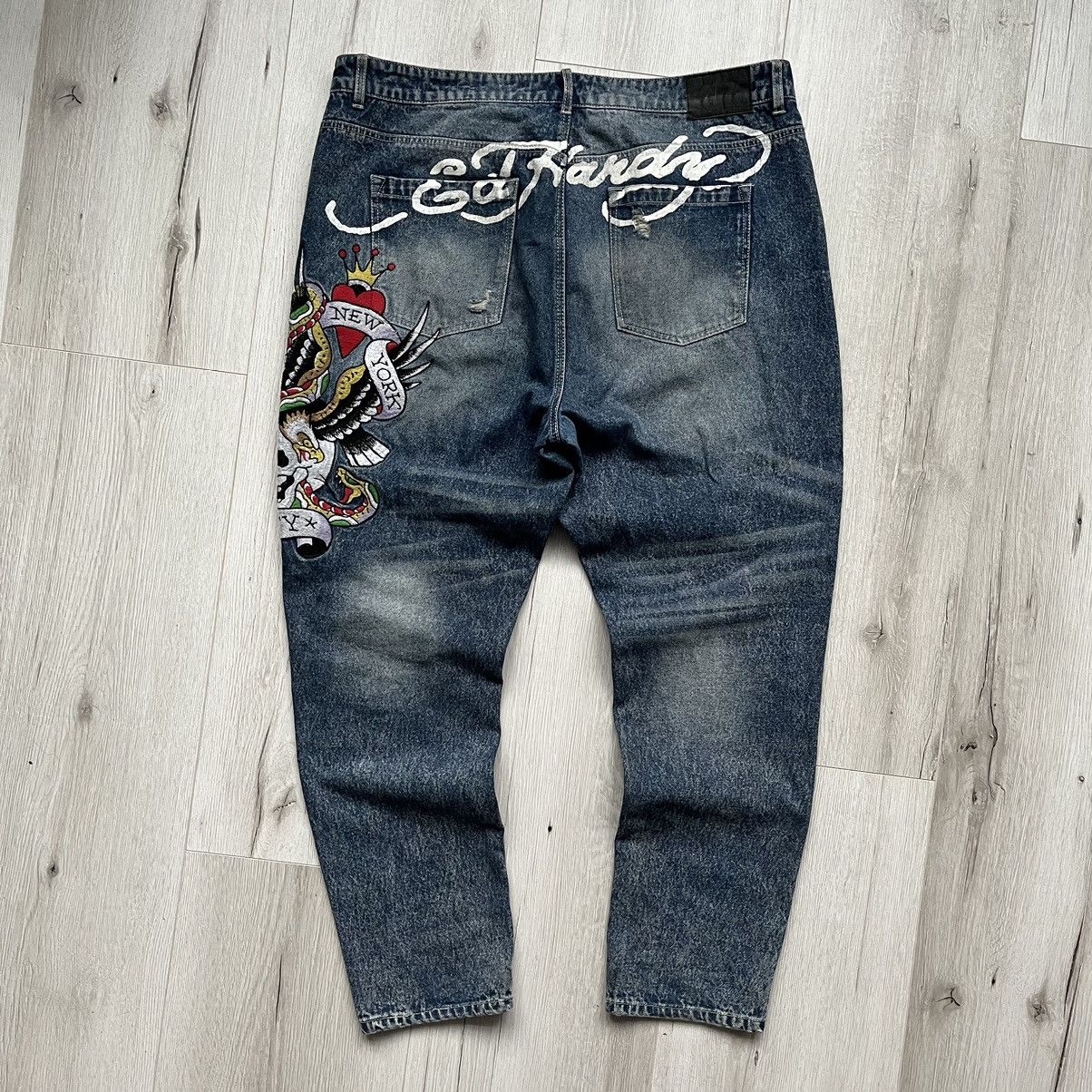 Ed Hardy × Vintage Ed Hardy Y2K Embroidered Big Logo Blue Washed Denim Jeans Size US 40 / EU 56 - 1 Thumbnail