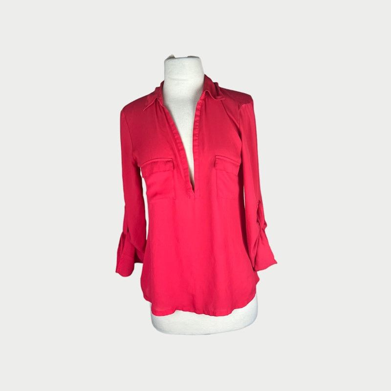 Vintage Charlotte Russe | Chiffon Blouse Roll Tabs Collared V-Neck Size S / US 4 / IT 40 - 1 Thumbnail