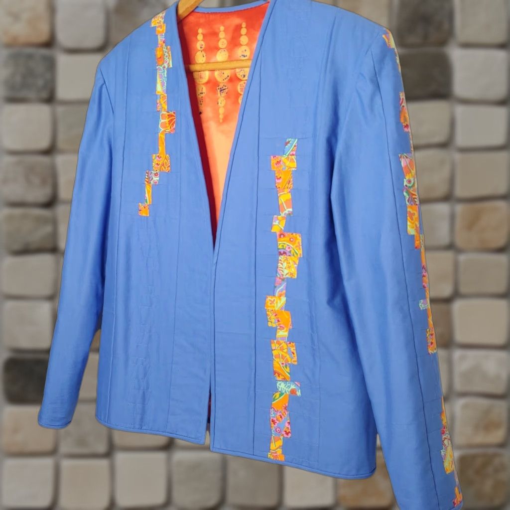 Vintage VINTAGE Lisa Columbe Jacket Tipsy Quilted Patchwork Open Front Short Blue Satin L (Regular) Women’s Jacket Painted Lining Size L / US 10 / IT 46 - 1 Thumbnail