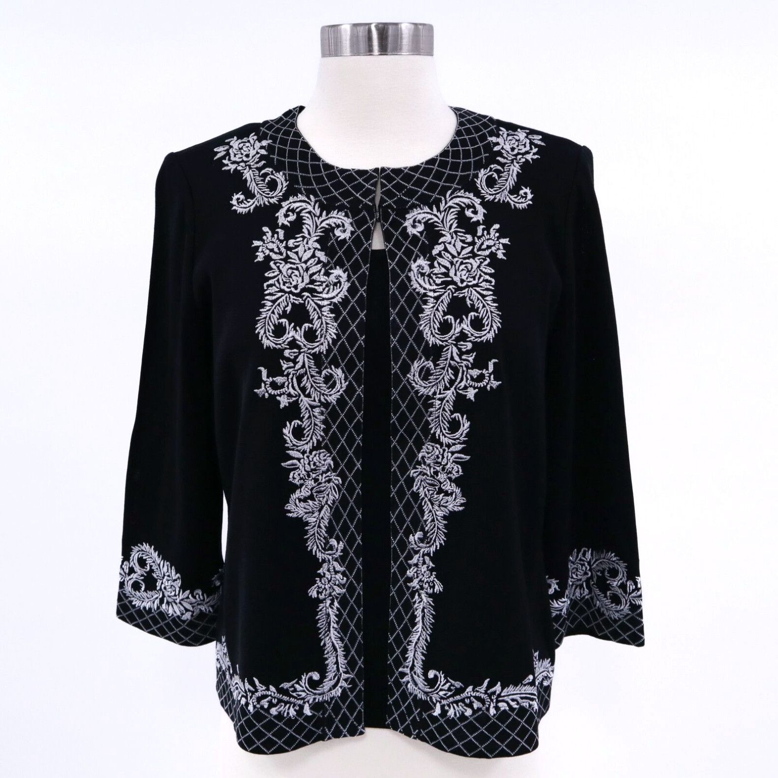 image of Vintage Ming Wang Cardigan Blazer Jacket Shell Top Set New Small Black White Embroidery, Women's