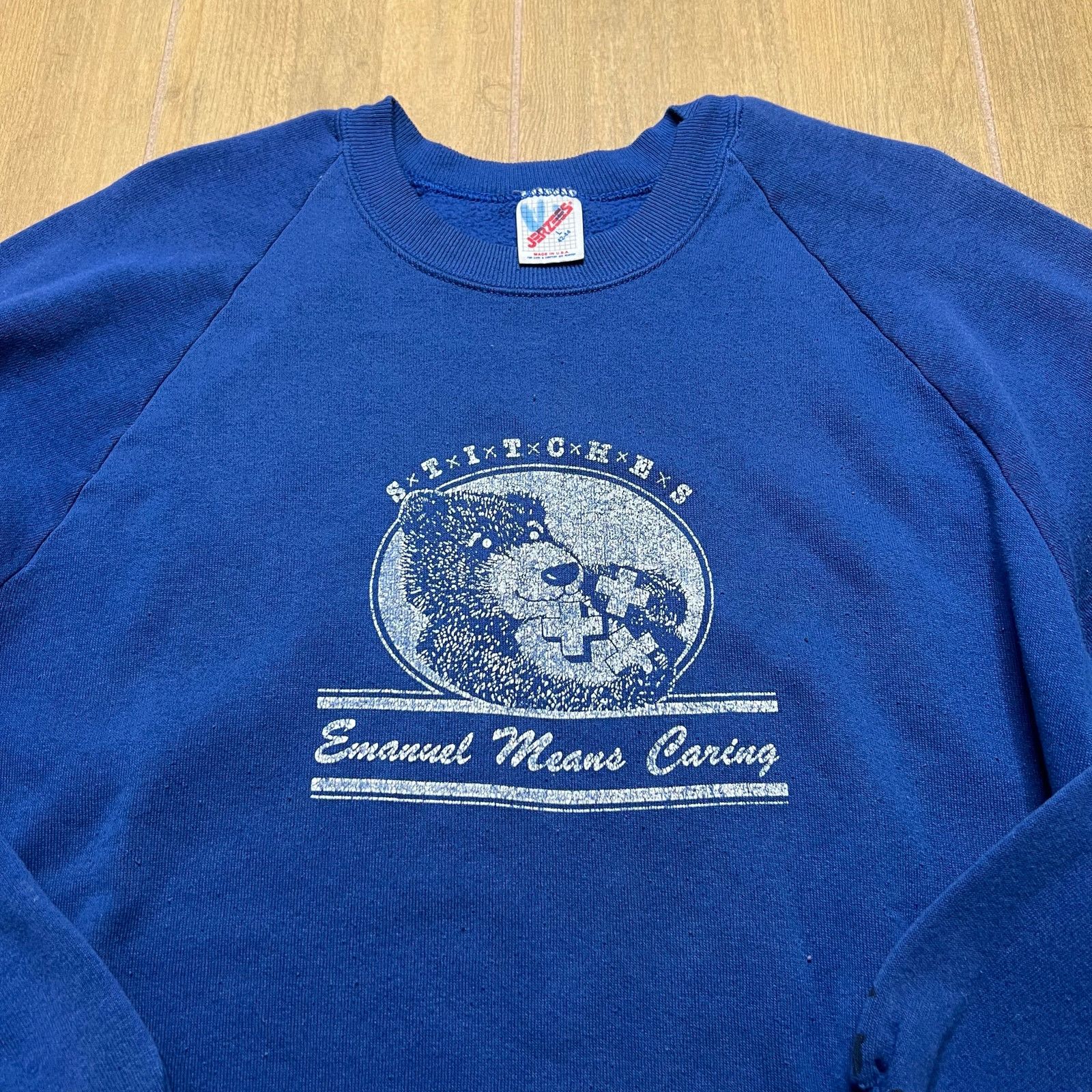 Jerzees Vintage 90s blue crewneck Sweater Sz L Emanuel Means Caring" Size US L / EU 52-54 / 3 - 2 Thumbnail