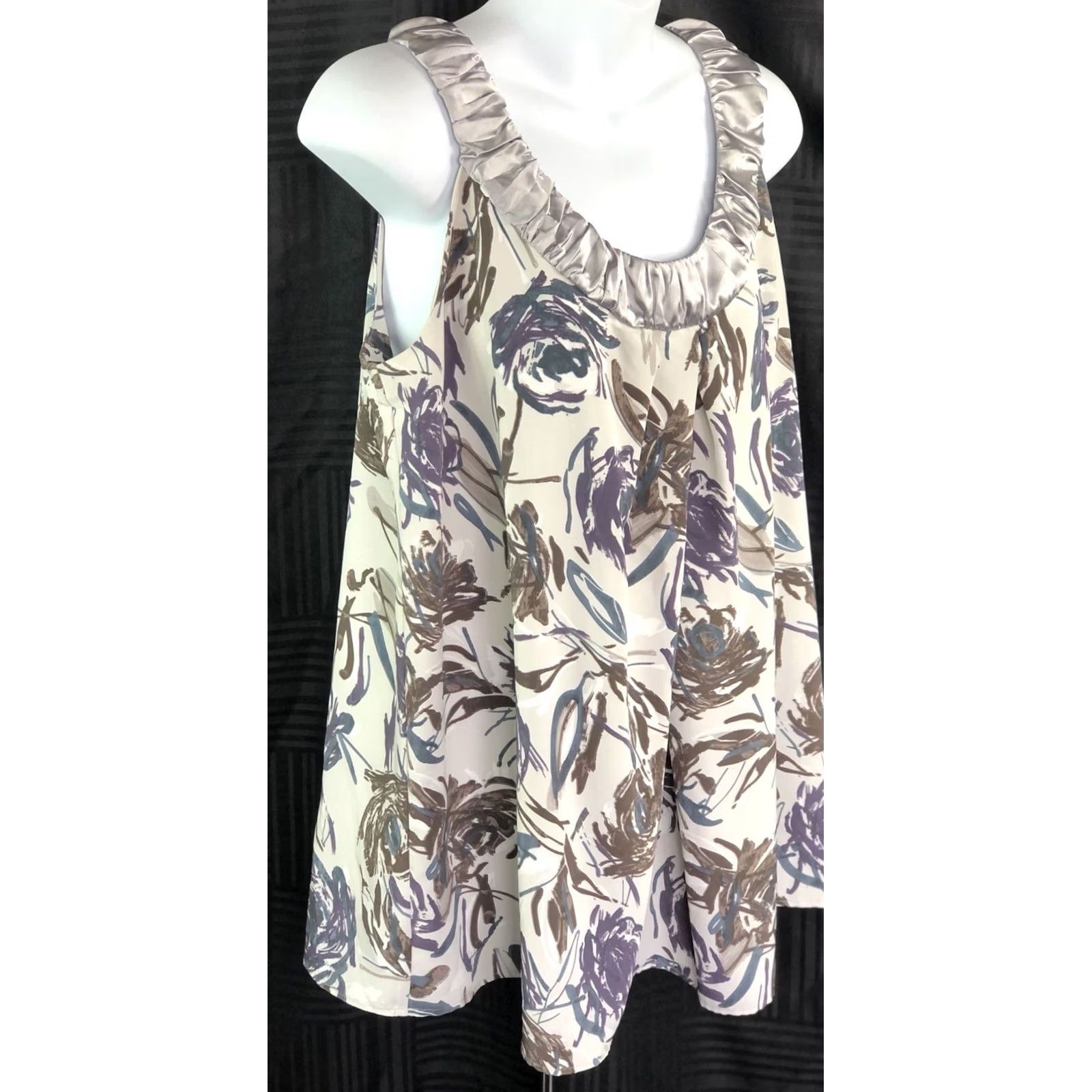Vintage Vera Wang Sleeveless Top Blouse 12 Gray Floral Satin Ruched Cottage Boho Women Size XL / US 12-14 / IT 48-50 - 3 Thumbnail