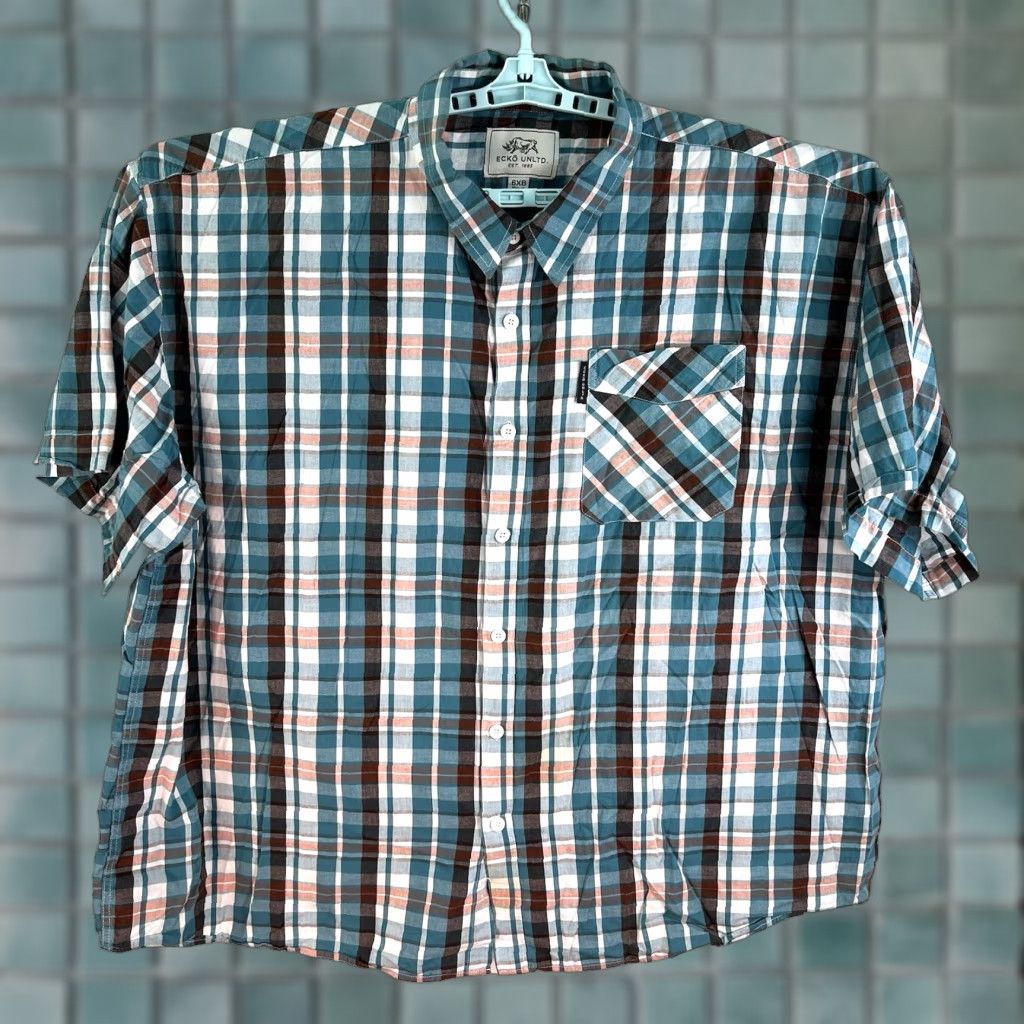 Ecko Unltd. ECKO Unltd. Plaid Button-Up Shirt Mens 6XB Teal Short Sleeve Big & Tall 64 in Chest Cotton Button-Up Casual Workwear 90s Colorful Size US XXL / EU 58 / 5 - 1 Thumbnail
