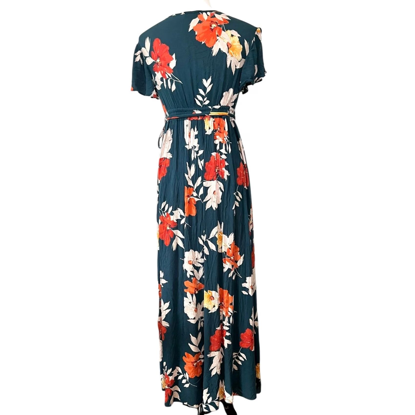 Pinko Patrons of Peace Dress Floral Maxi Faux Wrap Green Pink Short Sleeve V-Neck Sz M Size 32" / US 10 / IT 46 - 6 Thumbnail