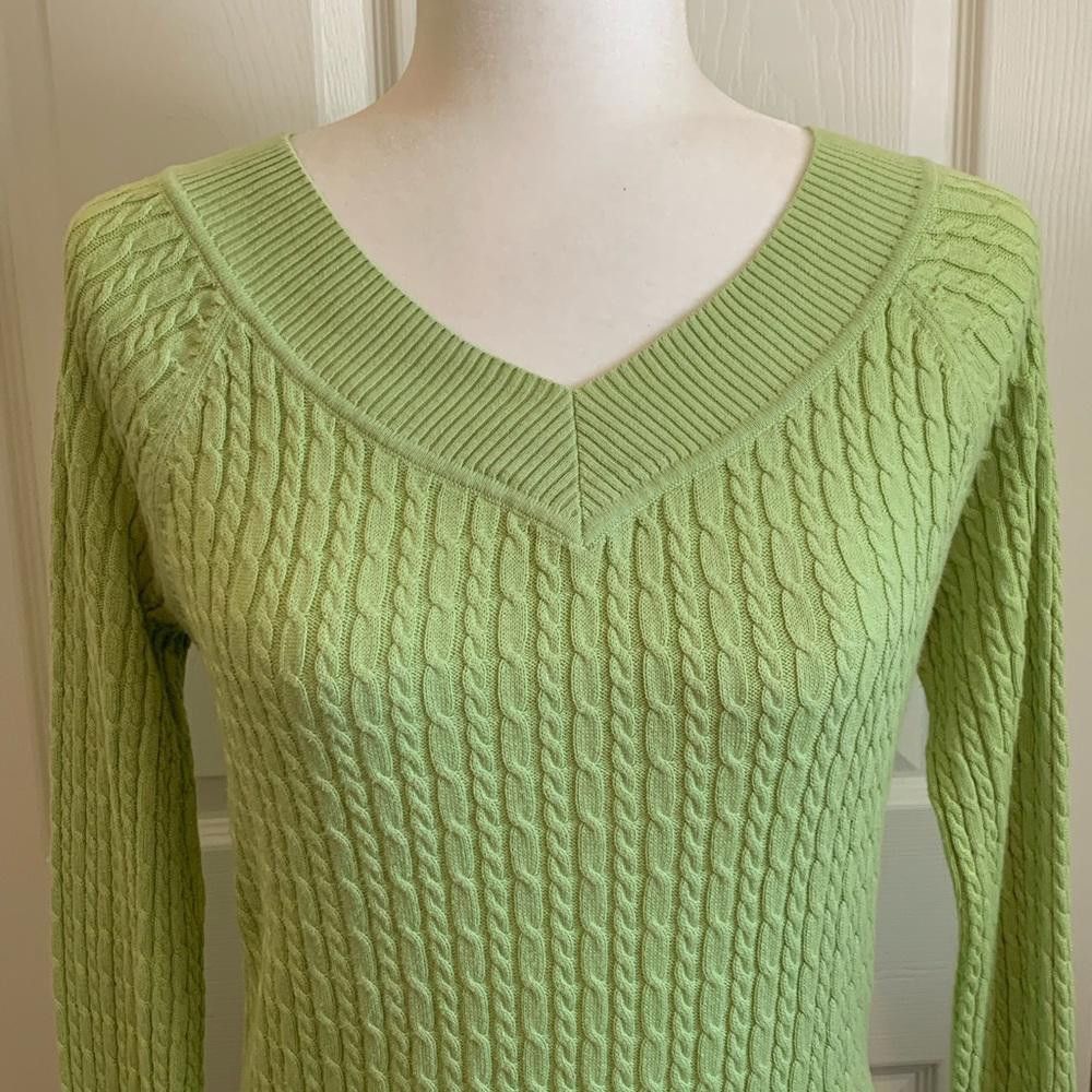 Designer Talbots Lime V-neck Cable-Knit Sweater, Small Size S / US 4 / IT 40 - 2 Thumbnail