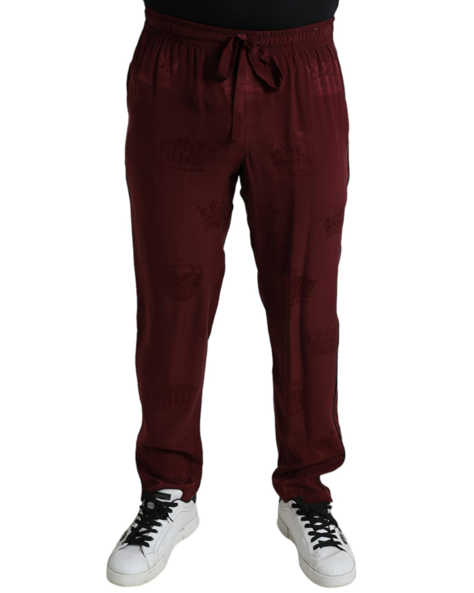 image of Dolce Gabbana Crown Pattern Silk Pajama Pants in Maroon, Men's (Size 30)