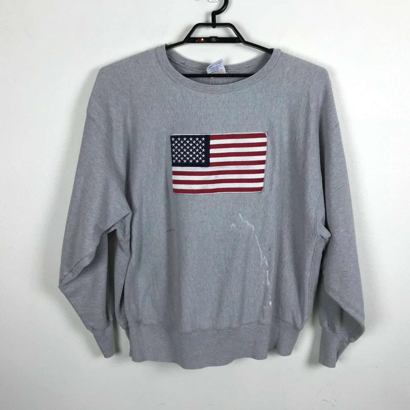 Image of Champion Reverse Weave Sweatshirt 2Xl Vintage Embroidered Flag Gray Distressed in White, Men's