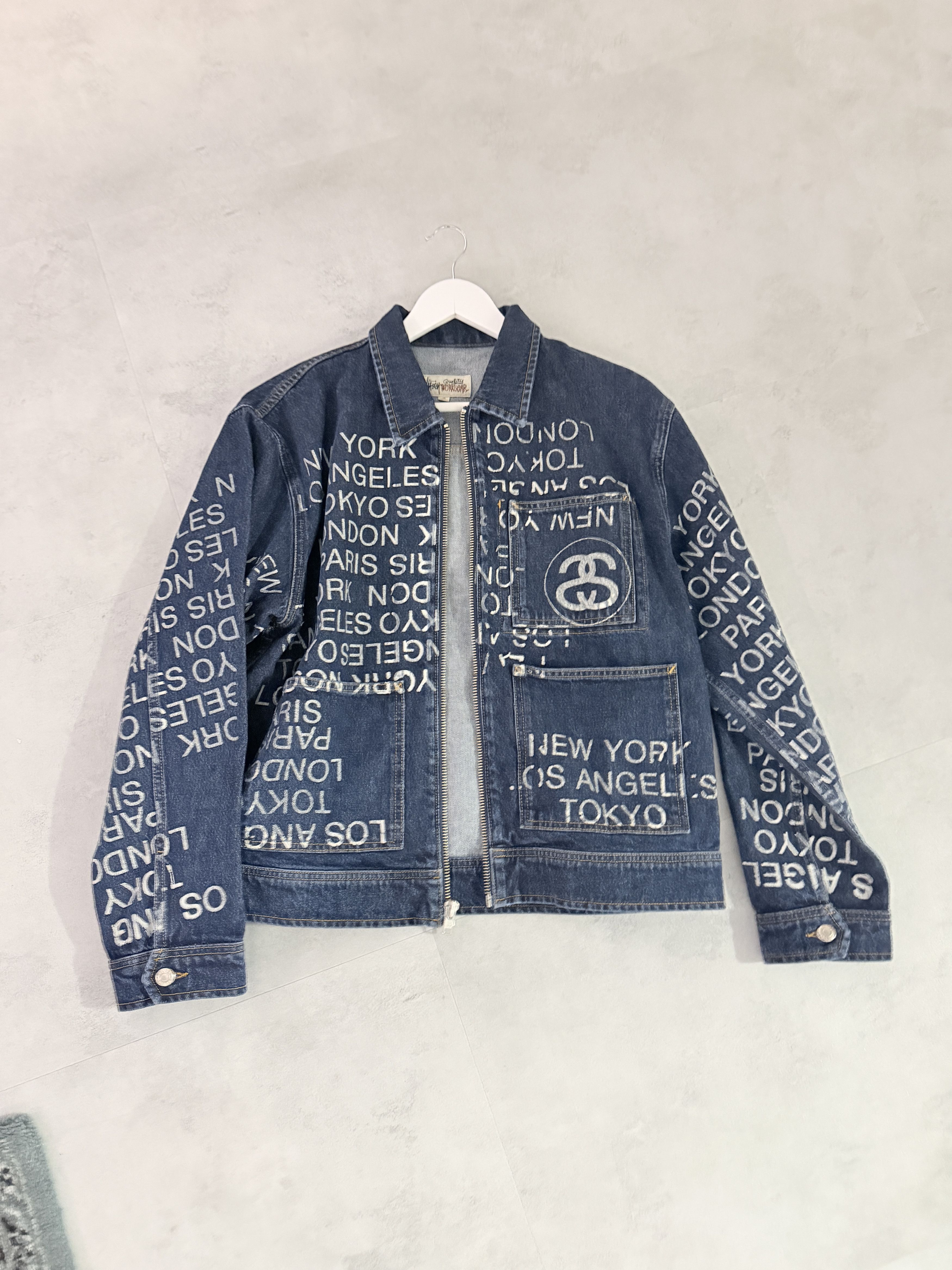 ジャケット・アウター stussy denim zip up work jacket L Stussy SS-LINK Denim Zip Work Jacket One Wash Unisex Size L New