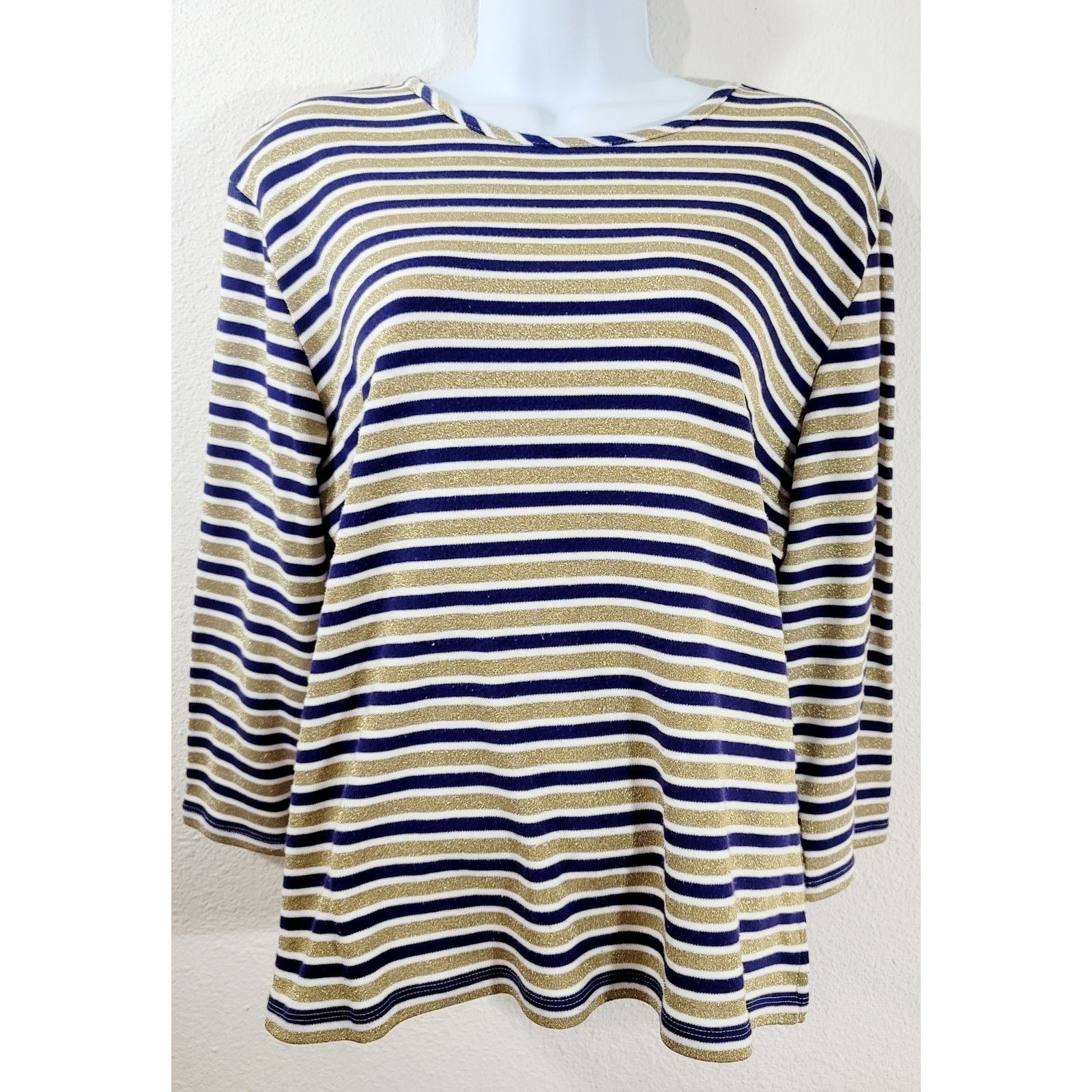 Other Draper's & Damon's Blue Gold Striped 3/4 Sleeves Top Large Size L / US 10 / IT 46 - 1 Thumbnail