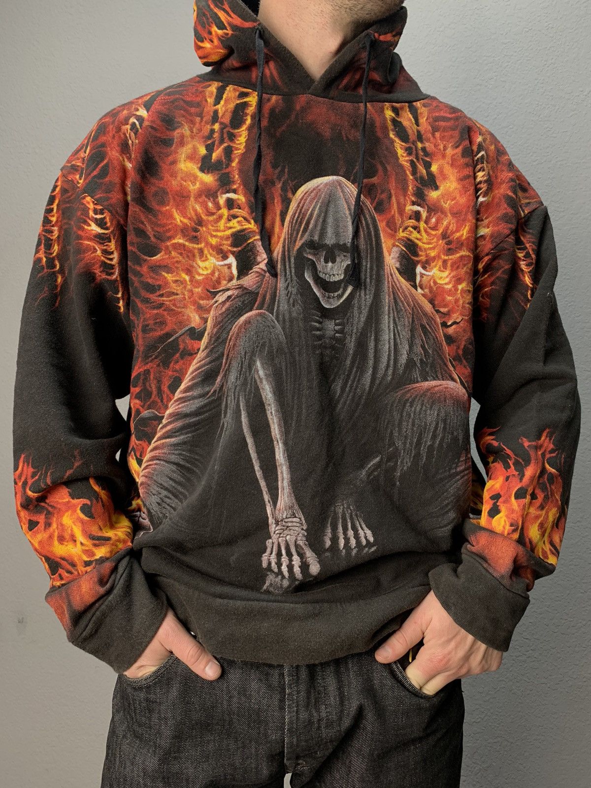 image of Vintage Fire Hoodie Y2K Vintage Bones Full Print Gothic Kill in Black, Men's (Size Large)