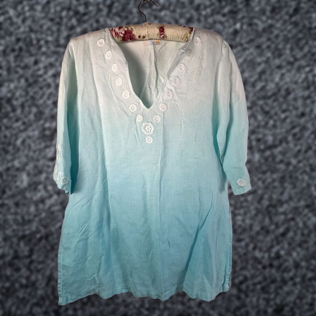 Vintage C&C California Womens Blouse Tunic Sky Blue V-Neck Linen 3/4 Sleeve Large Boho Beach Shirt Size L / US 10 / IT 46 - 1 Thumbnail
