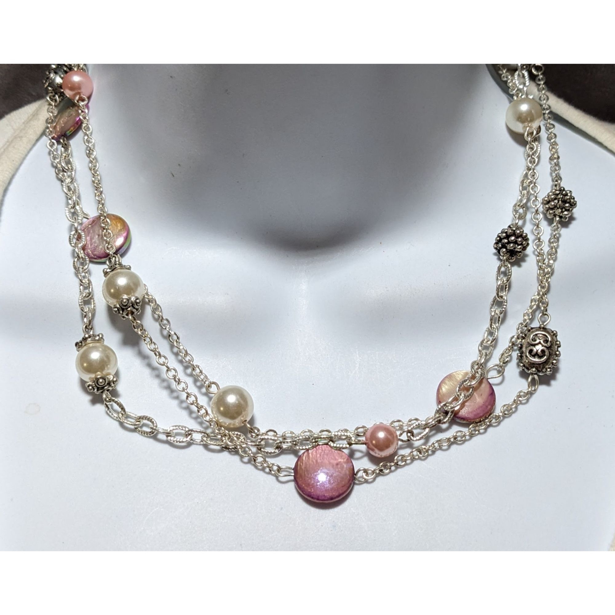George George Silver Necklace With Pink & White Beads Size ONE SIZE - 10 Thumbnail