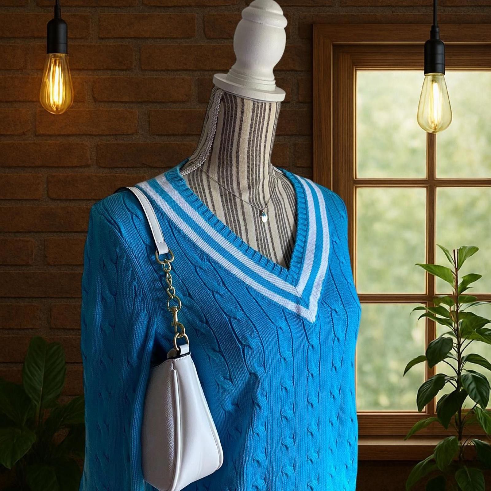 Lauren Ralph Lauren Blue V-neck sweater ribbed cable knit Size S / US 4 / IT 40 - 3 Thumbnail