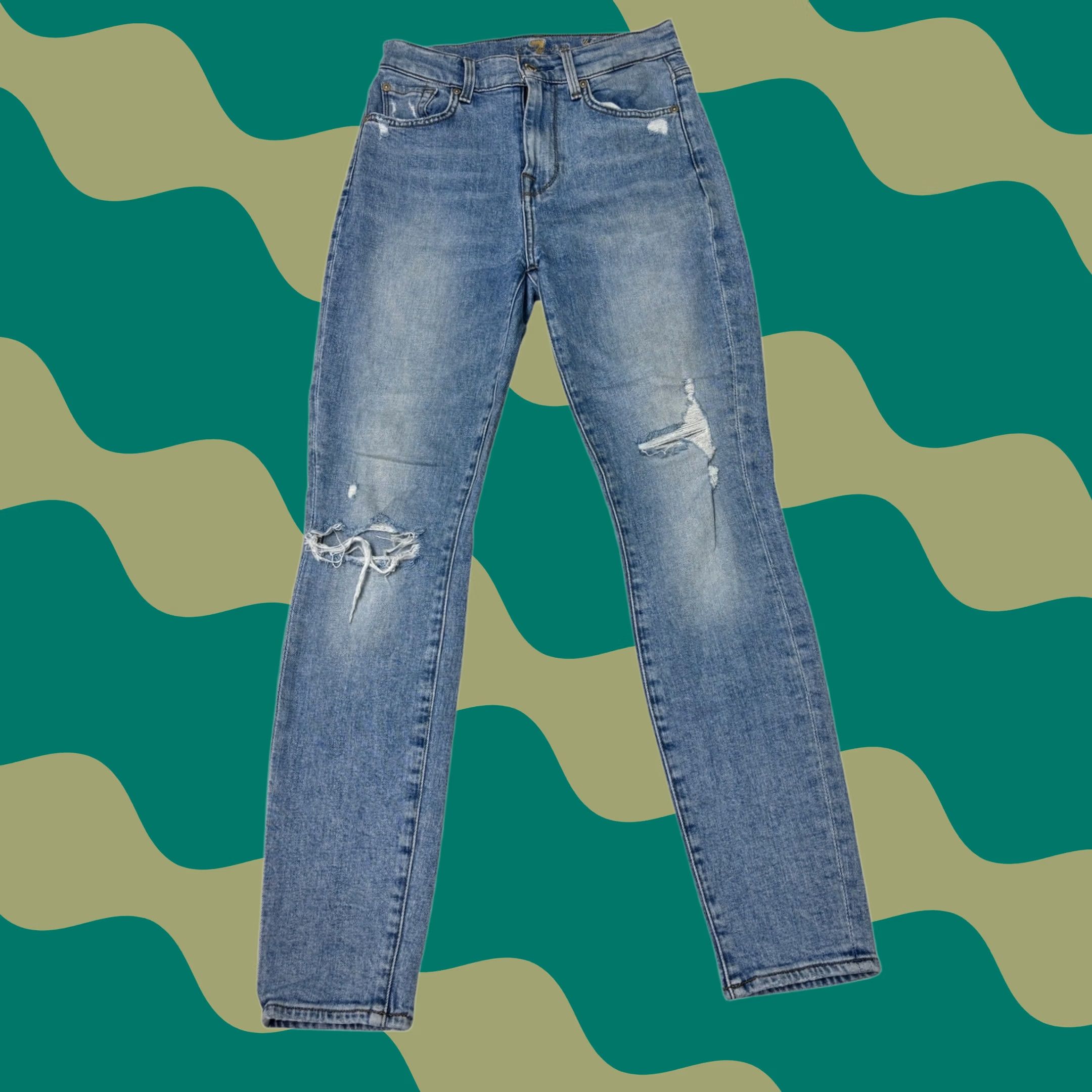 7 For All Mankind VINTAGE 7 For All Mankind High Waist Ankle Skinny Jeans Women's 25 Distressed Blue 27in Inseam Womens Jeans Size 42" / US 20 - 1 Thumbnail