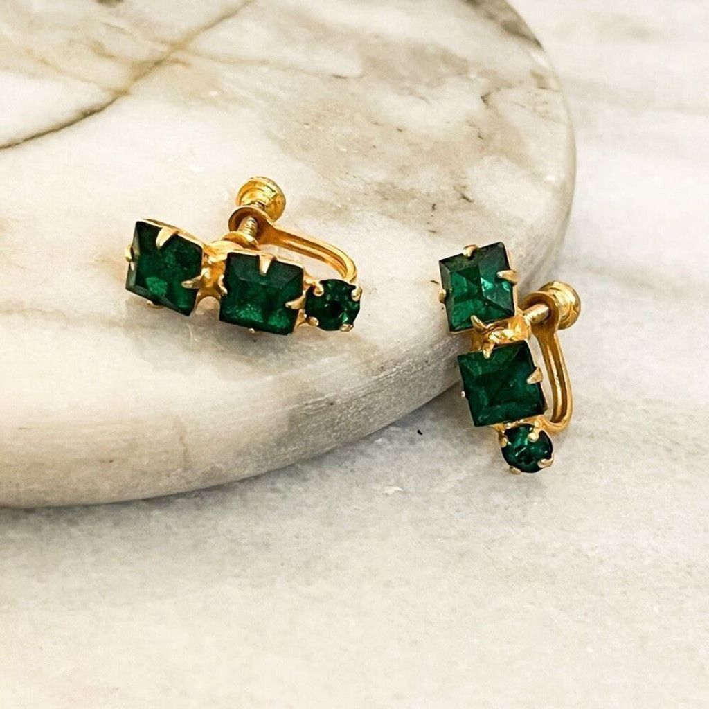 Vintage Vintage Screw Back Crystal Earrings Green Gold Size ONE SIZE - 1 Thumbnail