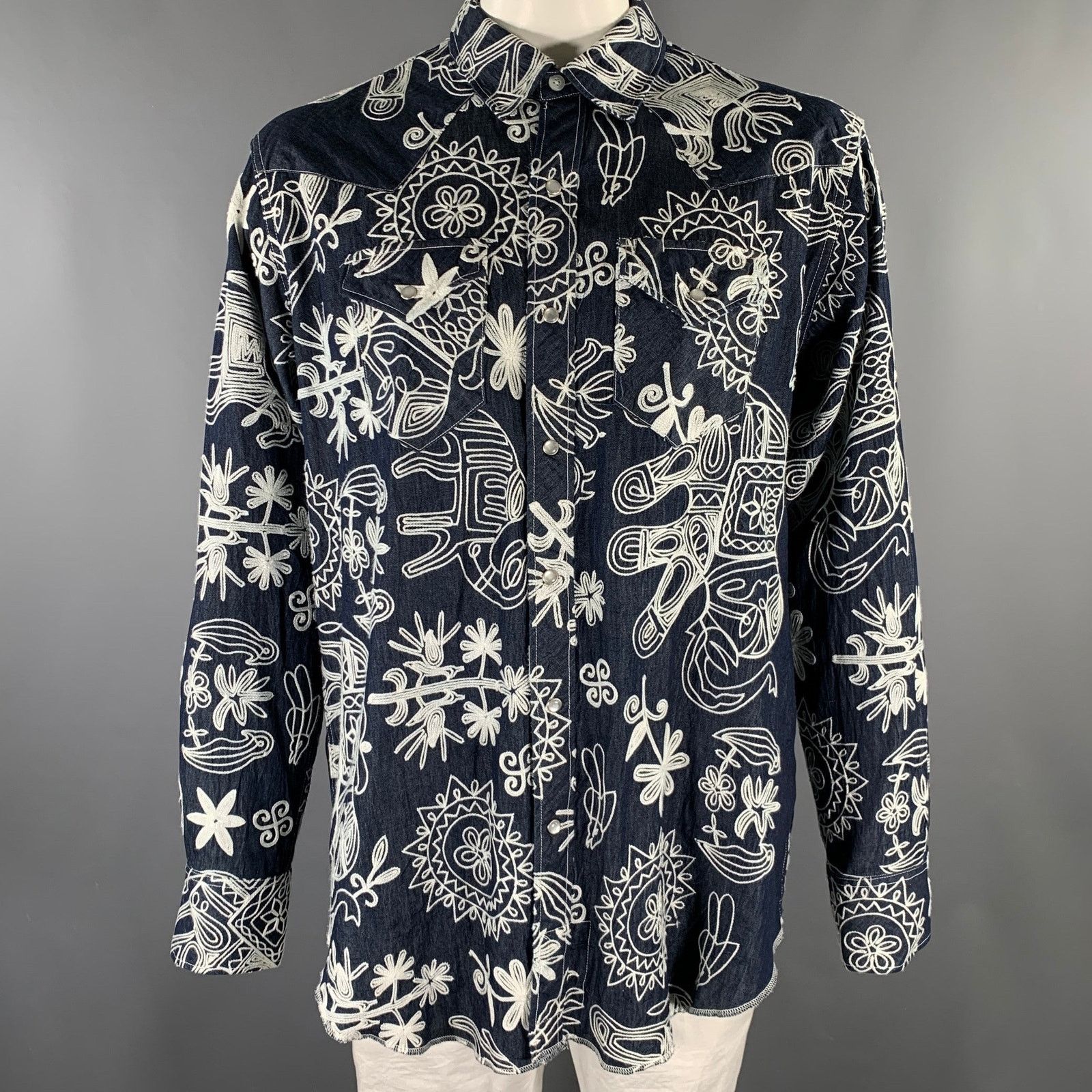 ENGINEERED GARMENTS Indigo Embroidered Cotton Snap Shirt