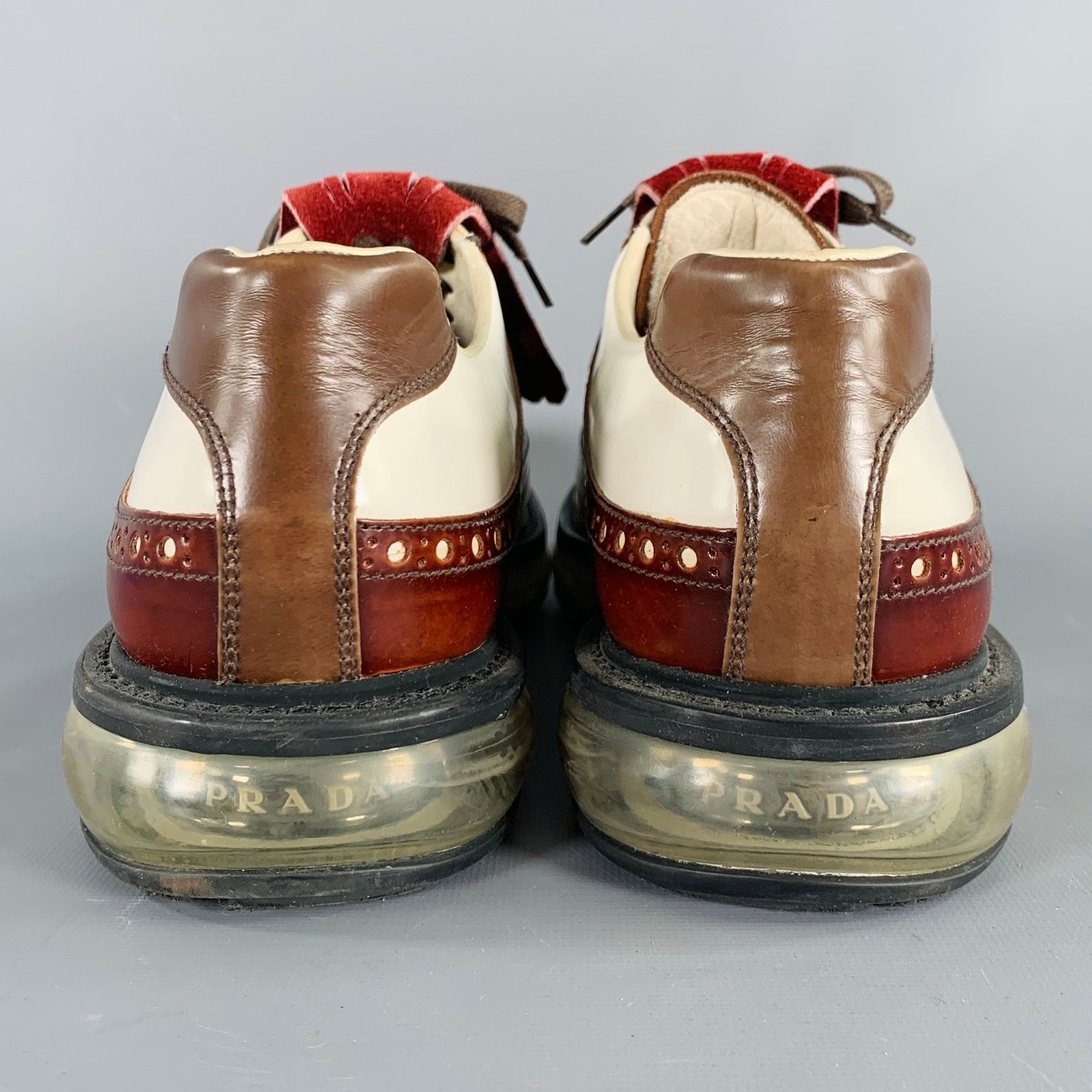 Prada Size 12 White Burgundy Perforated Leather Lace-Up Shoes Size US 12 / EU 45 - 3 Thumbnail