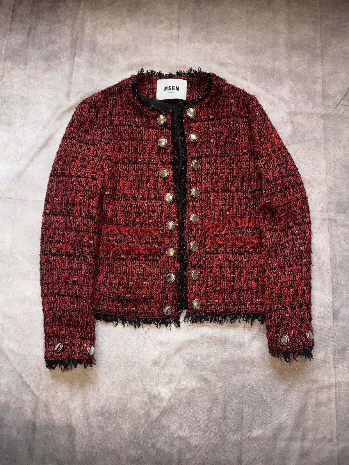 MSGM MSGM Red Tweed Fringed Jacket / Boucle Blazer with Buttons Size XL / US 12-14 / IT 48-50 - 2 Thumbnail