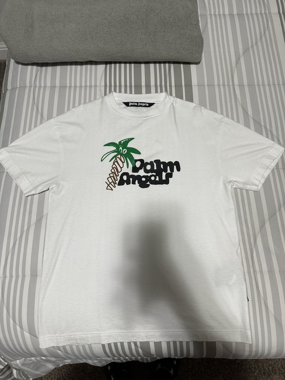image of Palm Angels Logo Printed Crewneck T-Shirt in White, Men's (Size Medium)