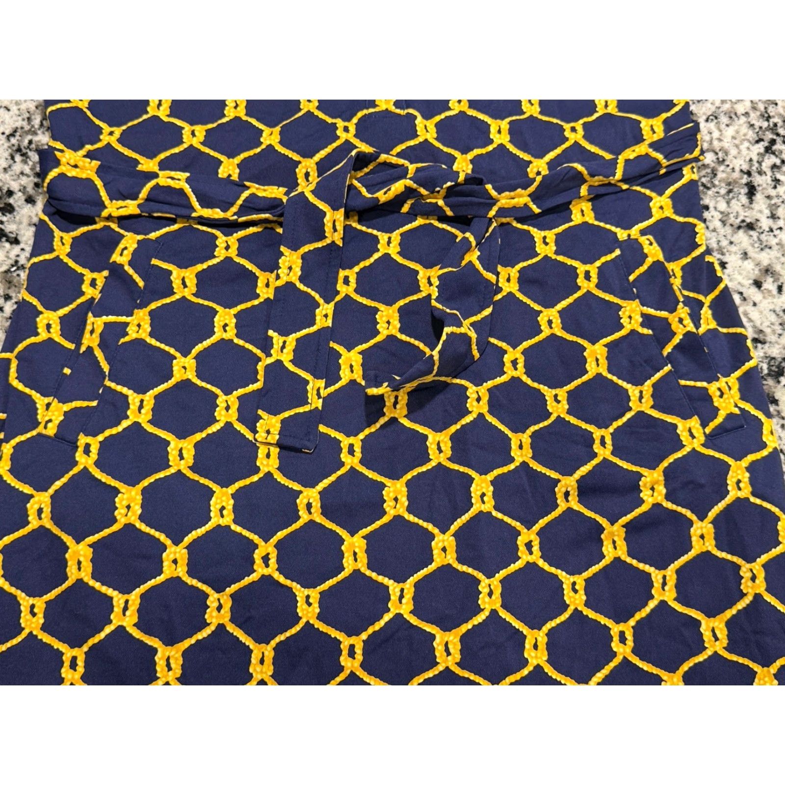 J.McLaughlin J. McLaughlin Shirt Dress Womens V-Neck Sleeveless Belted Knee Length Pockets Geometric Navy/Gold Nylon Spandex Size L Size L / US 10 / IT 46 - 6 Thumbnail