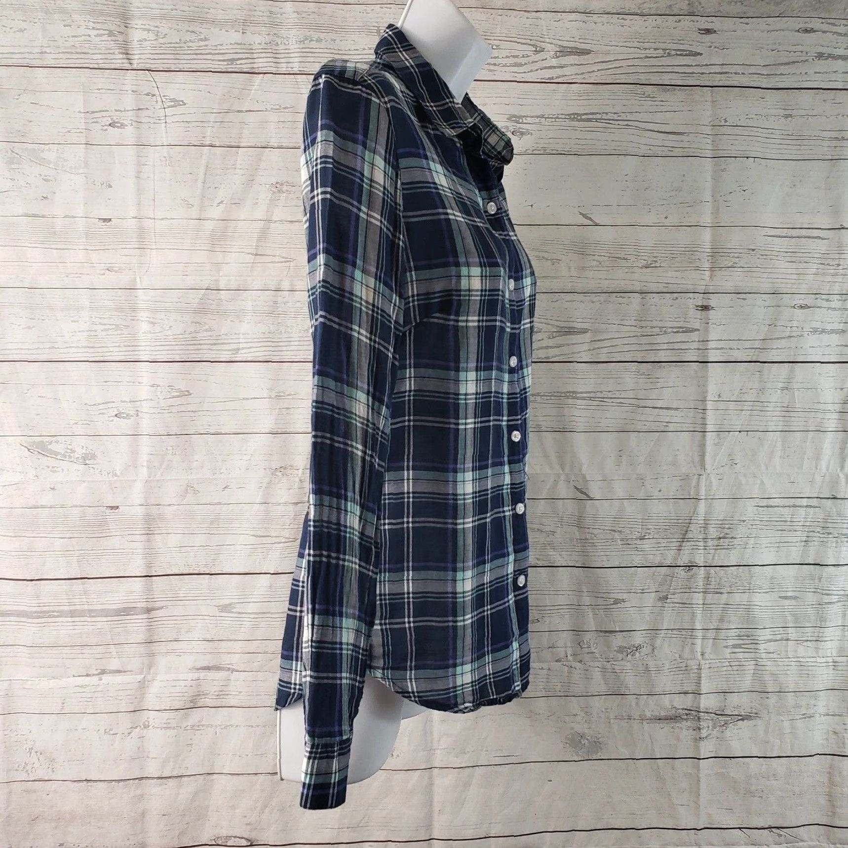Vintage Garnet Hill Womens Button Front Shirt Sz 4 Blue Plaid Long Sleeve Semi Sheer Shirt Womens Jeans? Size S / US 4 / IT 40 - 3 Thumbnail