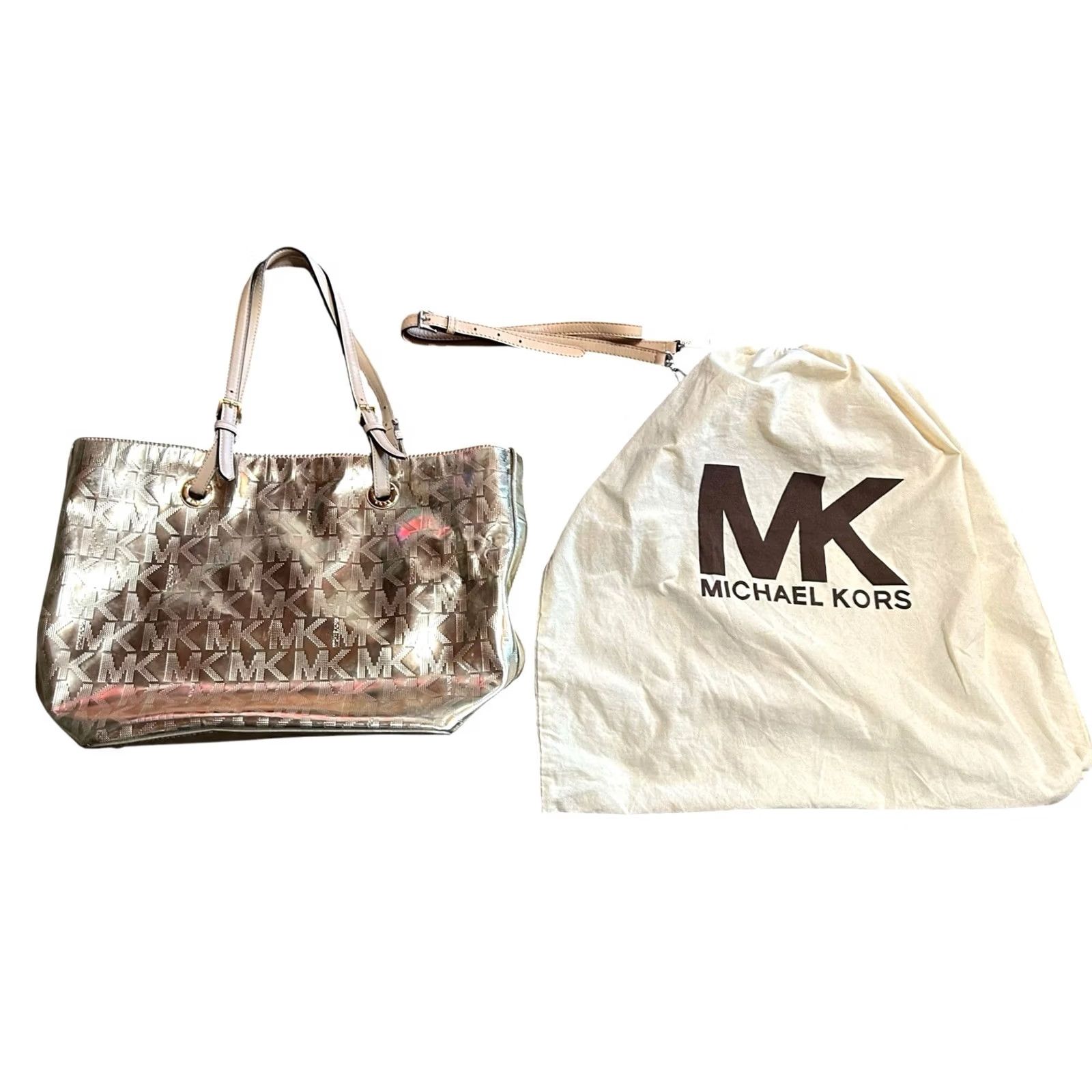Vintage Michael Kors Gold Metallic MK Logo Tote Large ShoulderBag Purse W/Dust Cover See Size ONE SIZE - 2 Thumbnail