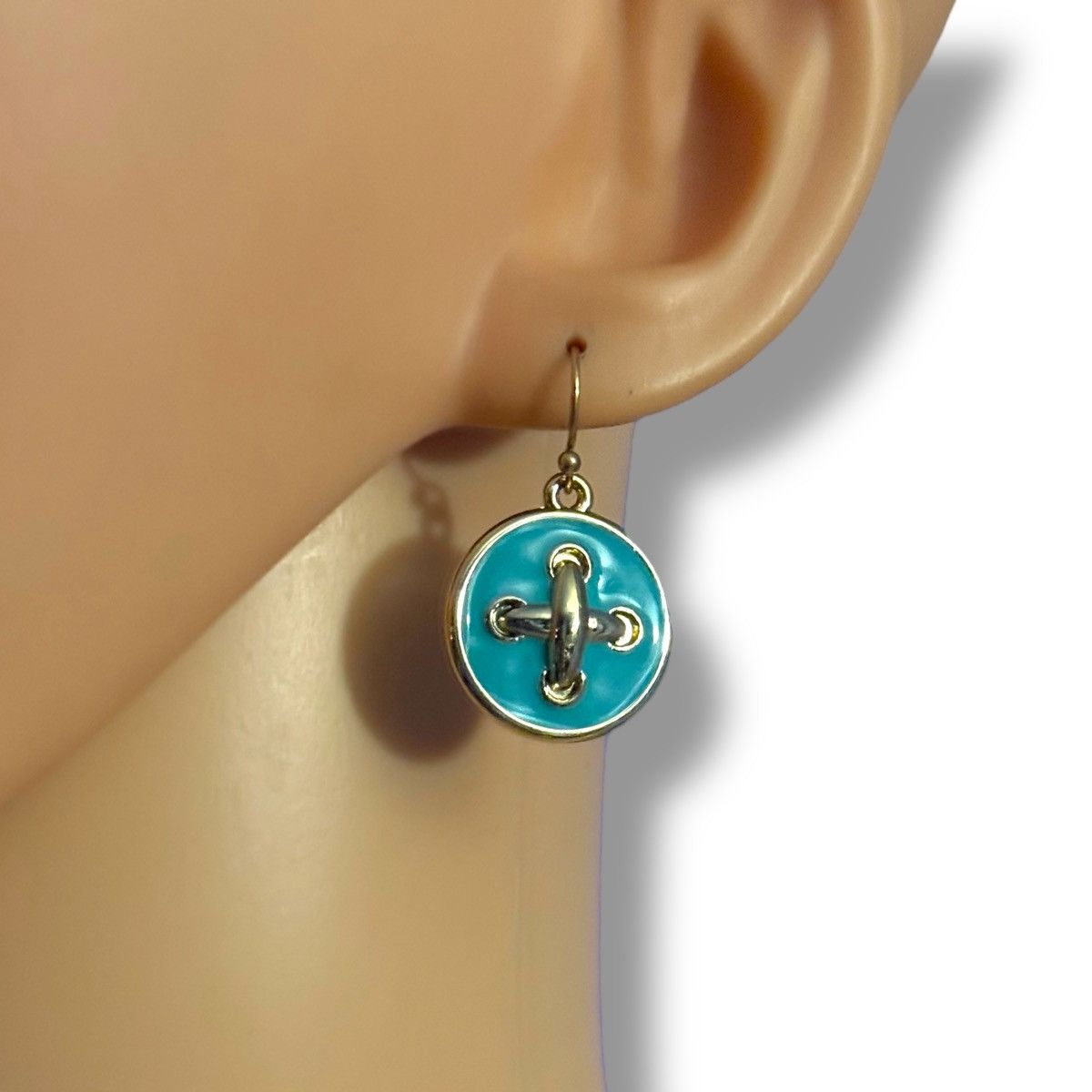 Other Gold tone turquoise enamel round button dangle earrings Size ONE SIZE - 2 Thumbnail