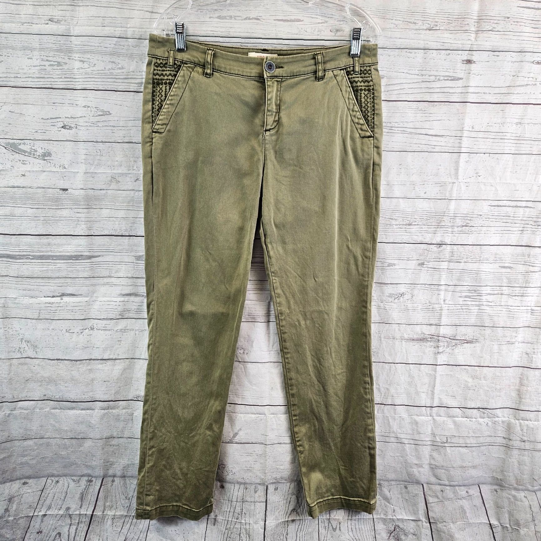 Vintage Sundance Womens Pants Sz 8 Green Mid Rise Cotton Blend Straight Leg Embroidered, Chino, Flat Front, Inseam 30, Womens Size 30" / US 8 / IT 44 - 2 Thumbnail