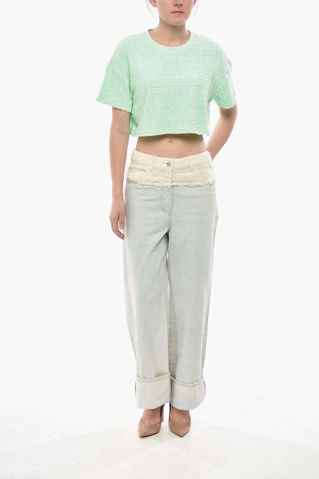 Givenchy og1mm0326 Monogram Jacquard Terry Crop T-Shirt in Green Size L / US 10 / IT 46 - 4 Thumbnail