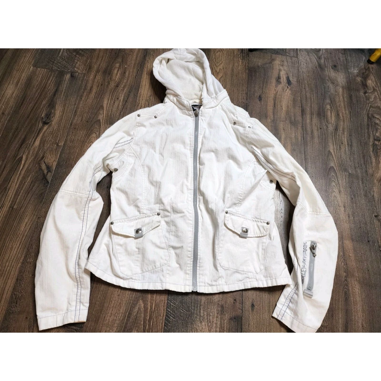 Harley Davidson VINTAGE Harley-Davidson Embroidered Hoodie Jacket SHORT White M Womens Logo Full Zip Hooded Biker 90s Casual Distressed Size M / US 6-8 / IT 42-44 - 2 Thumbnail