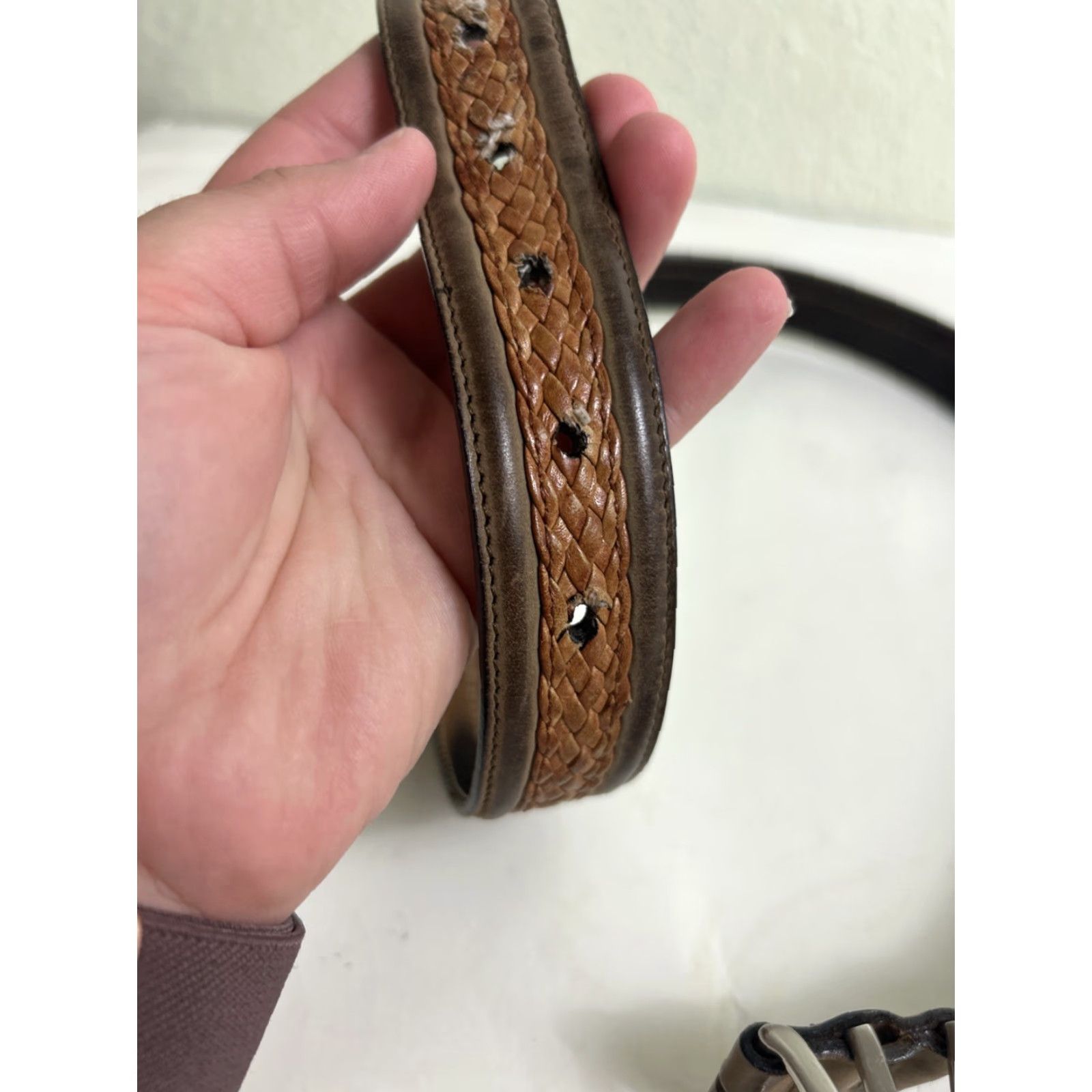 Vintage VINTAGE Western Style Belt Buckle Brown Leather Solid Brass 34” Mens Belt Leather Brass Western 34 Inches Brown Men Size 34 - 6 Thumbnail