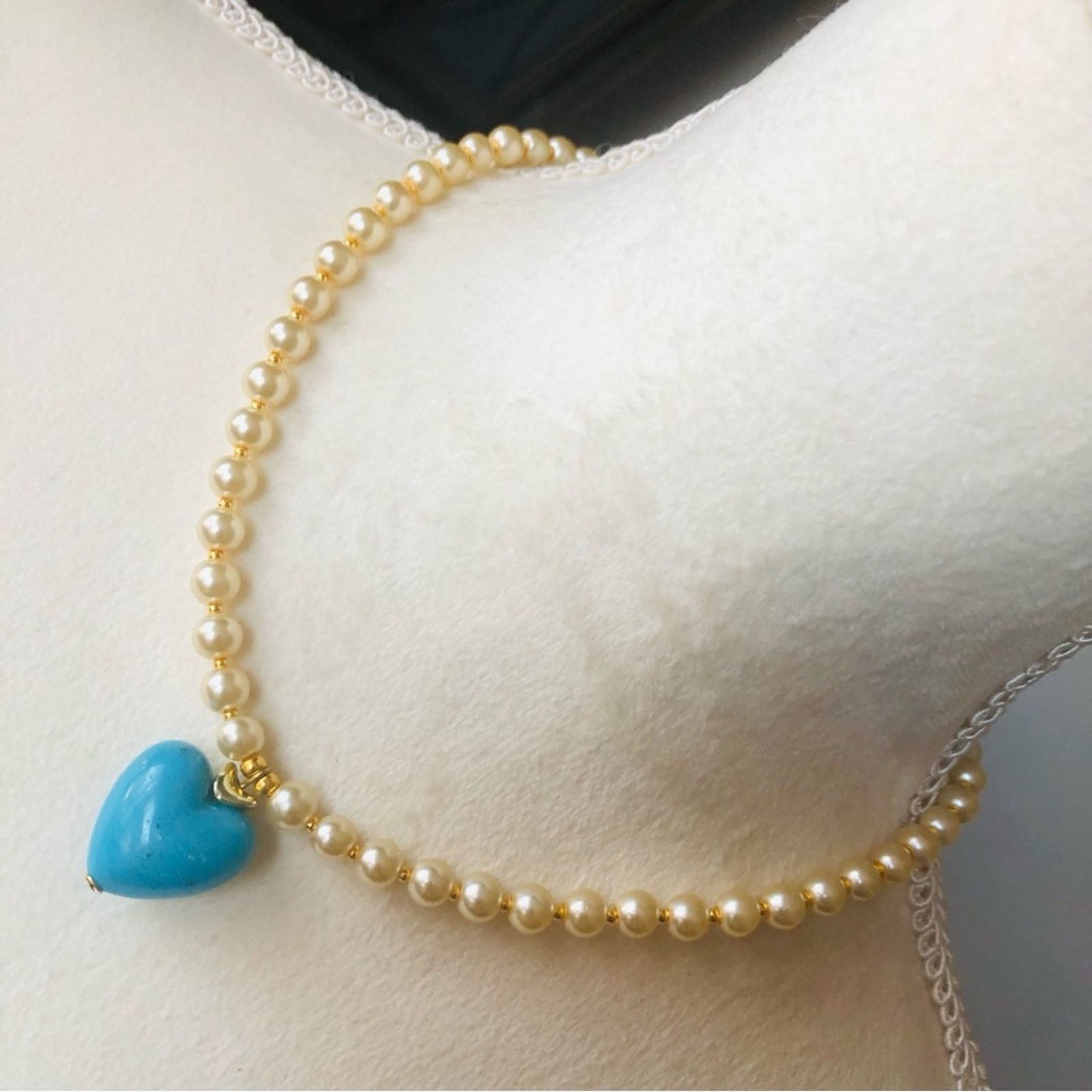 Handmade Handcrafted repurpose faux turquoise heart Pearl necklace Size ONE SIZE - 1 Thumbnail