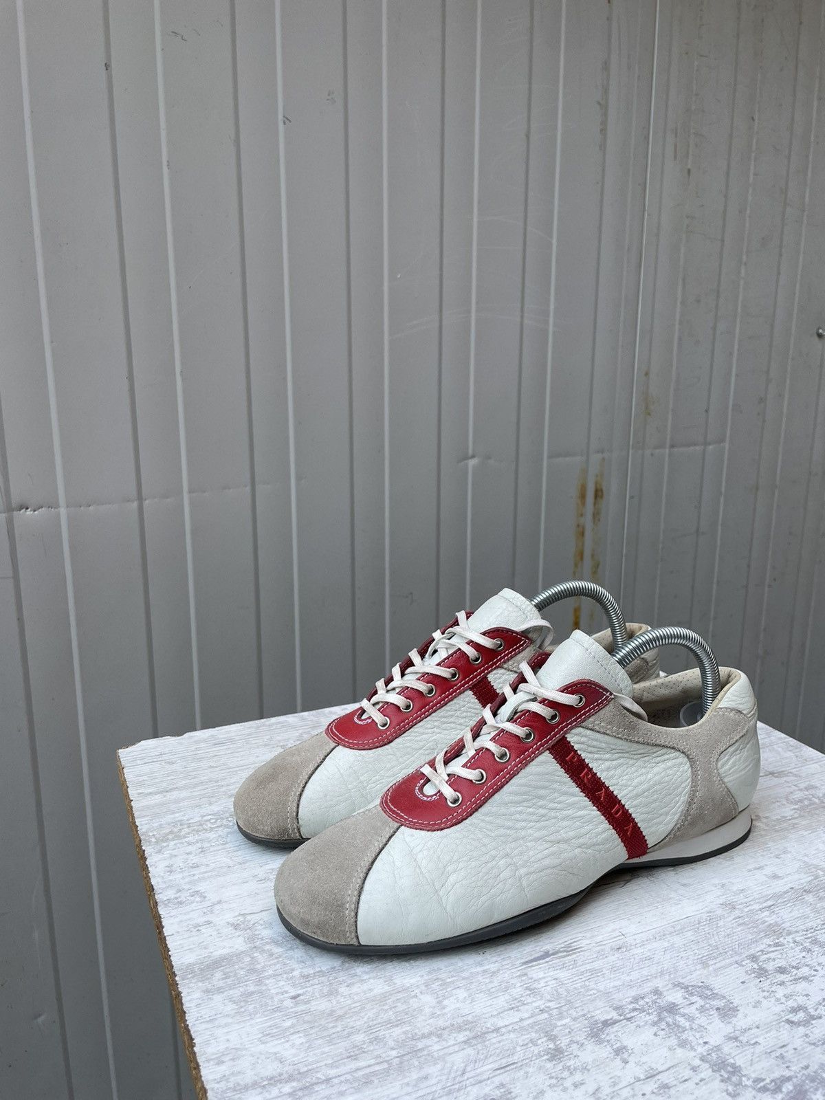 Miu Miu × Prada Vintage Italy Made 🇮🇹 Prada 3200 Red Stripe Leather Sneakers Size US 9.5 / IT 39.5 - 3 Thumbnail