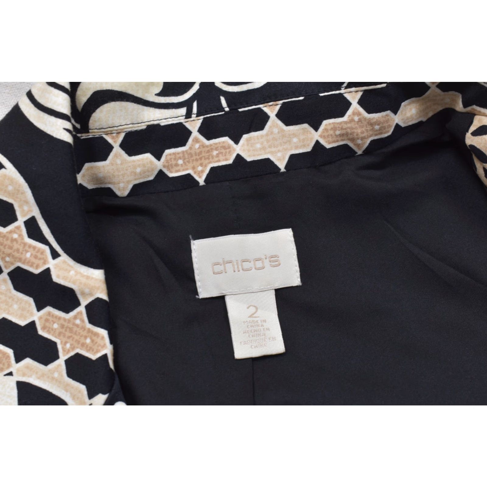 Vintage Chico's Blazer Shirt Women Small Black White Gold Scarf Print Stretch Cotton Blend Jacket Size XS / US 0-2 / IT 36-38 - 8 Thumbnail