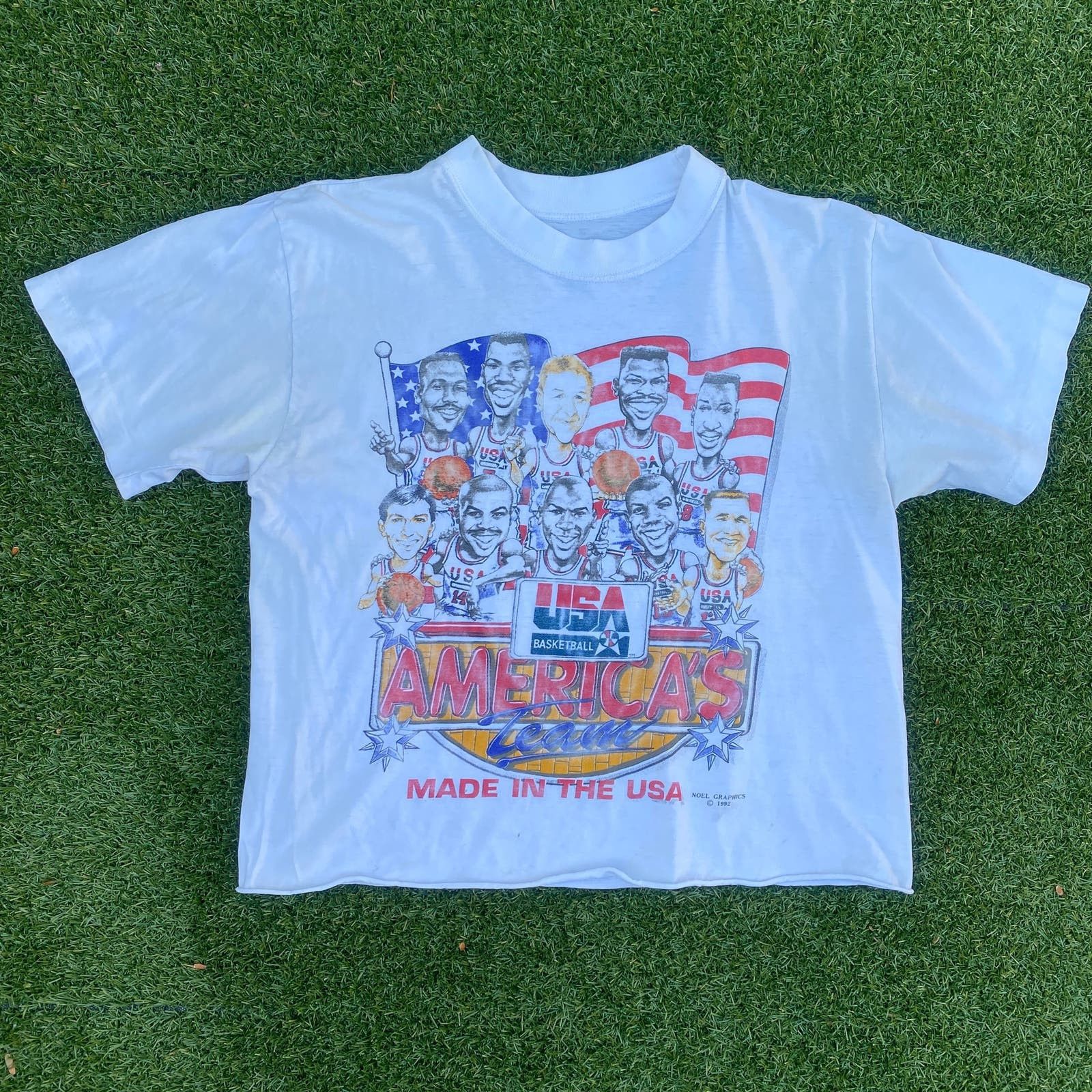 image of Vintage Usa 1992 Olympics Basketball Dream Team Caricature Tee in White, Men's (Size Small)