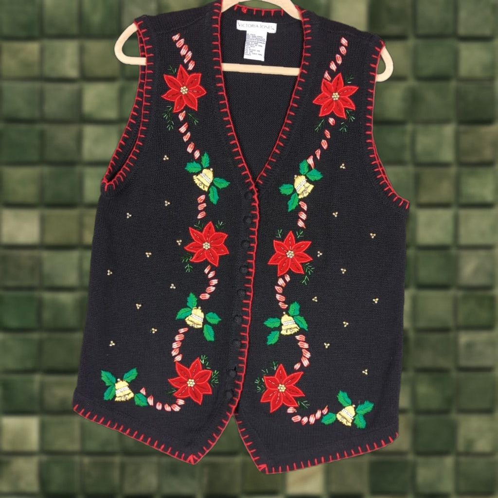 Vintage VINTAGE Victoria Jones Sweater Vest Women's M Sleeveless V-Neck Christmas Poinsettias Floral Embroidered Knit Black 90s Hipster Retro School USA Size M / US 6-8 / IT 42-44 - 1 Thumbnail