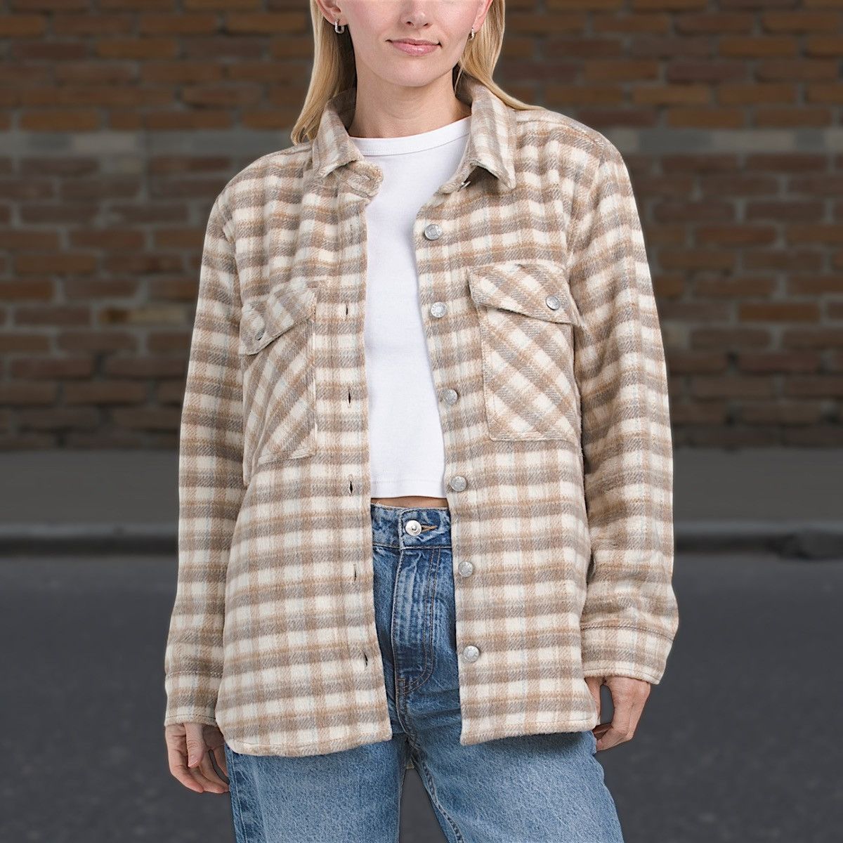 Other Oat NY Women’s Warm Plaid Pattern Tan White Shaket Sz L Size L / US 10 / IT 46 - 1 Thumbnail