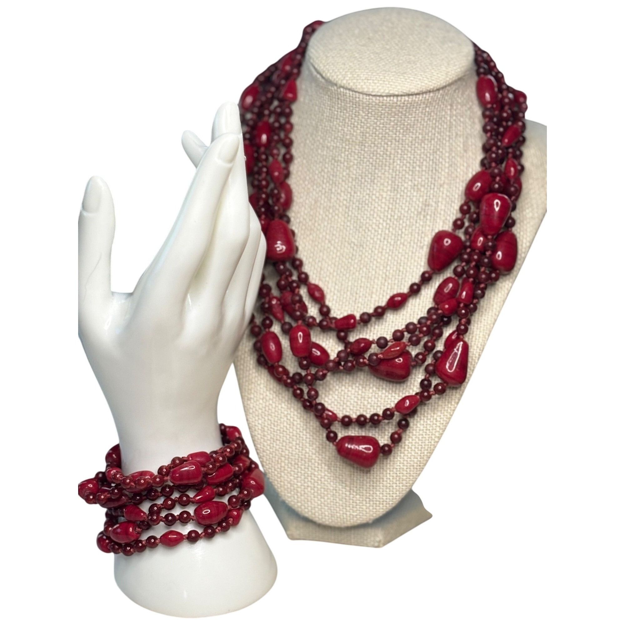 Other Vintage Red Beaded Necklace & Bracelet Set Size ONE SIZE - 1 Thumbnail