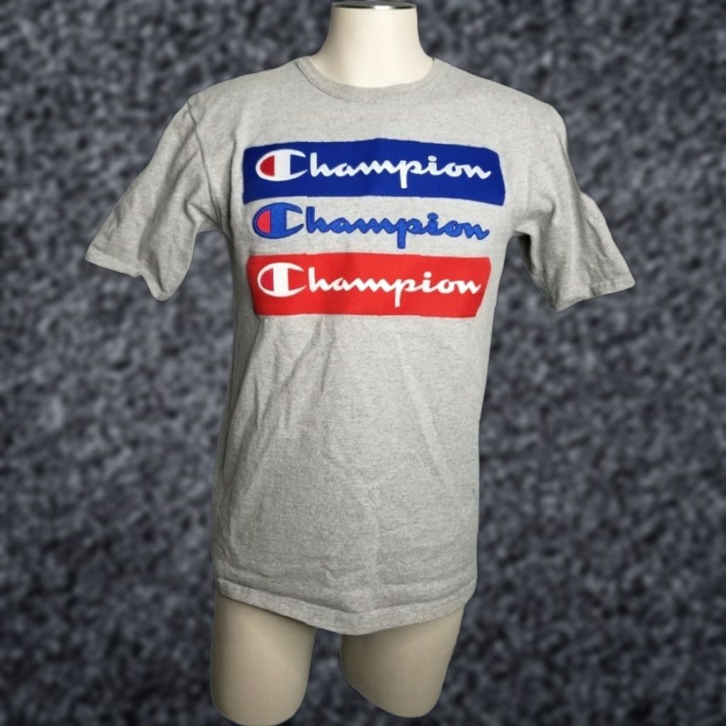 Champion Champion Men’s Gray Distressed T-Shirt M - Triple Spell Out - Crew Neck - Regular Fit Size US M / EU 48-50 / 2 - 1 Thumbnail