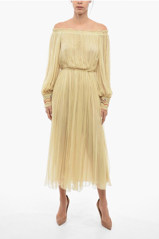 image of Chloe Silk Crepe Dress With Off-The-Shoulder Sleeves in Yellow, Women's (Size Medium)