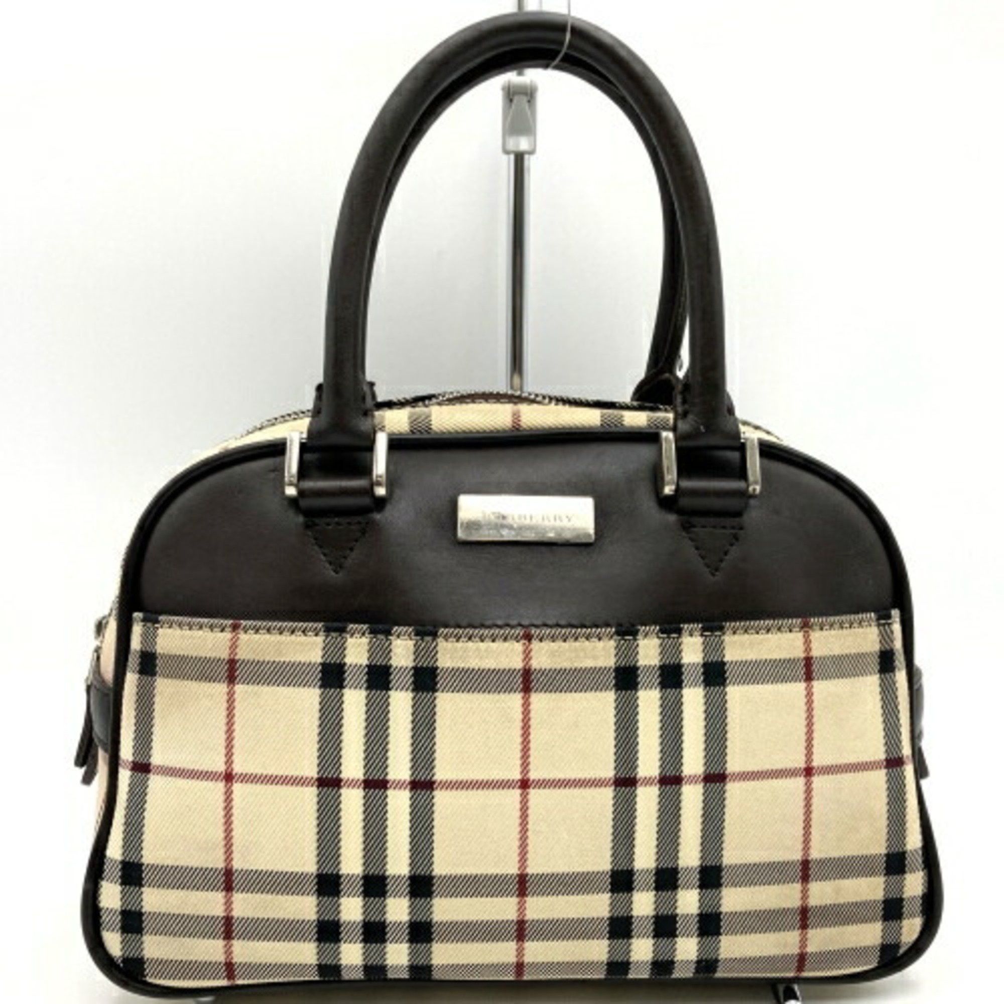 image of Burberry Handbag Boston Nova Check Brown Canvas Leather Women's Burberry Itptuc51N9Y4