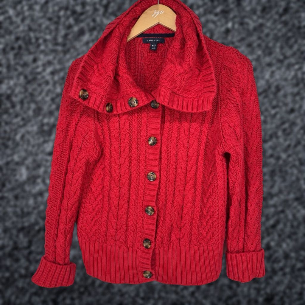 Lands' End Lands' End Cardigan Sweater Womens M Red Cable-Knit 3D Cotton Button Size M / US 6-8 / IT 42-44 - 1 Thumbnail