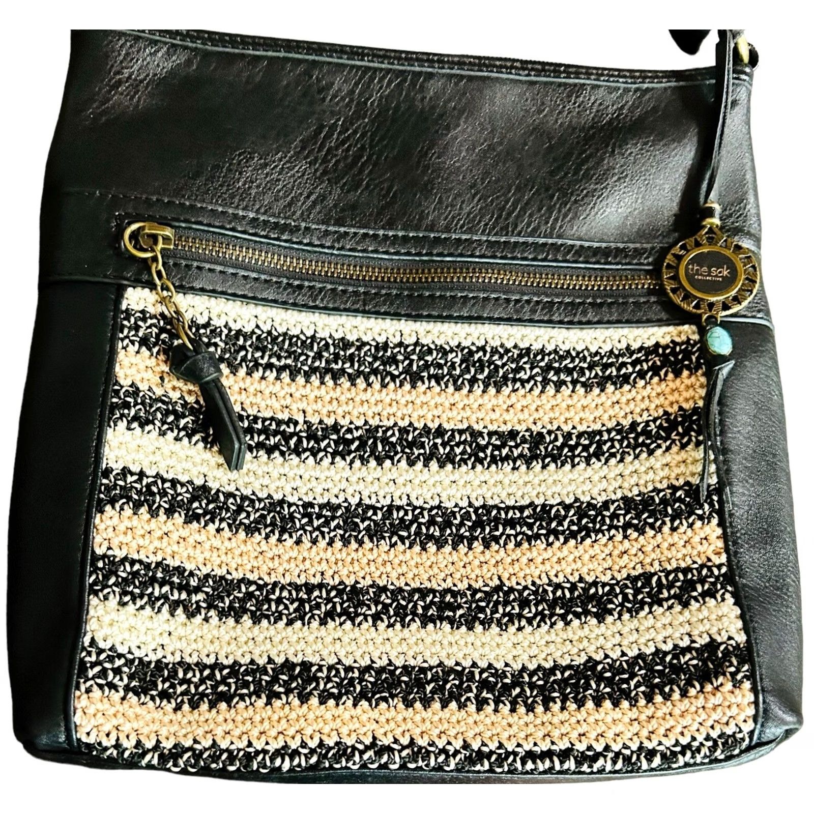 The Sak VINTAGE The Sak Black Faux Leather Hobo Bag Shoulder Purse Crochet Trim Boho Women’s Size ONE SIZE - 2 Thumbnail